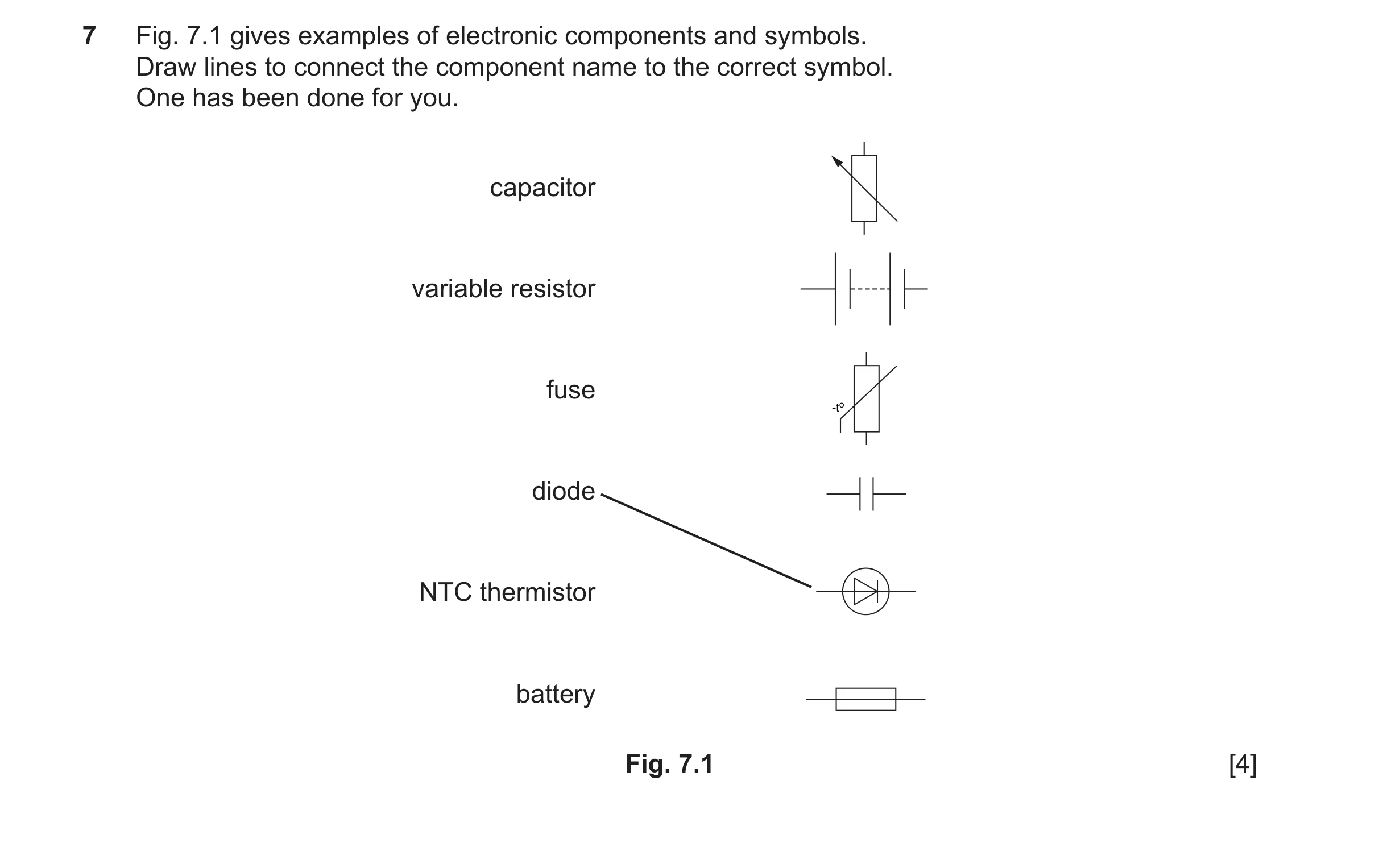 Question 153: Fig. 7.1 gives examples of electronic components and symbols. Draw lines to connect the component name to the correct symbol. One has been …