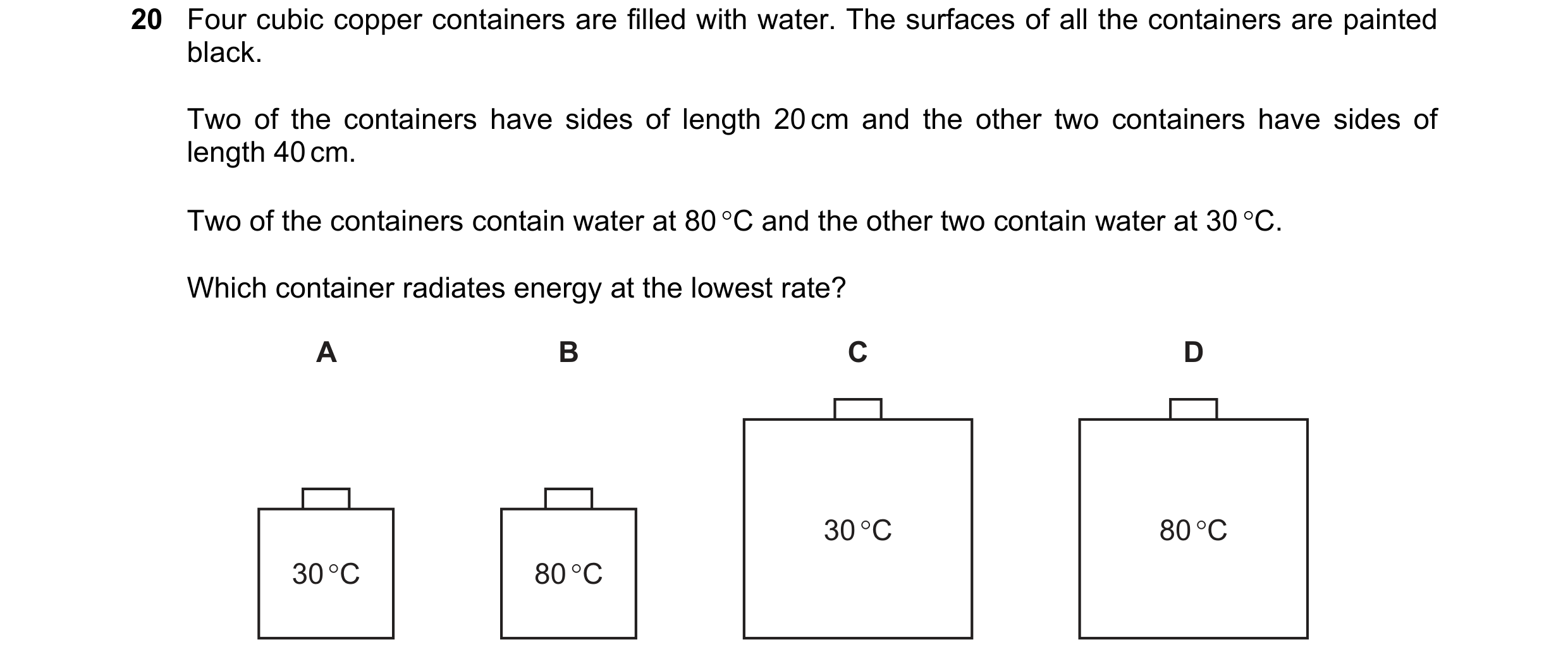 Question 24: Four cubic copper containers are filled with water. The surfaces of all the containers are painted
black.

Two of the containers have sides…