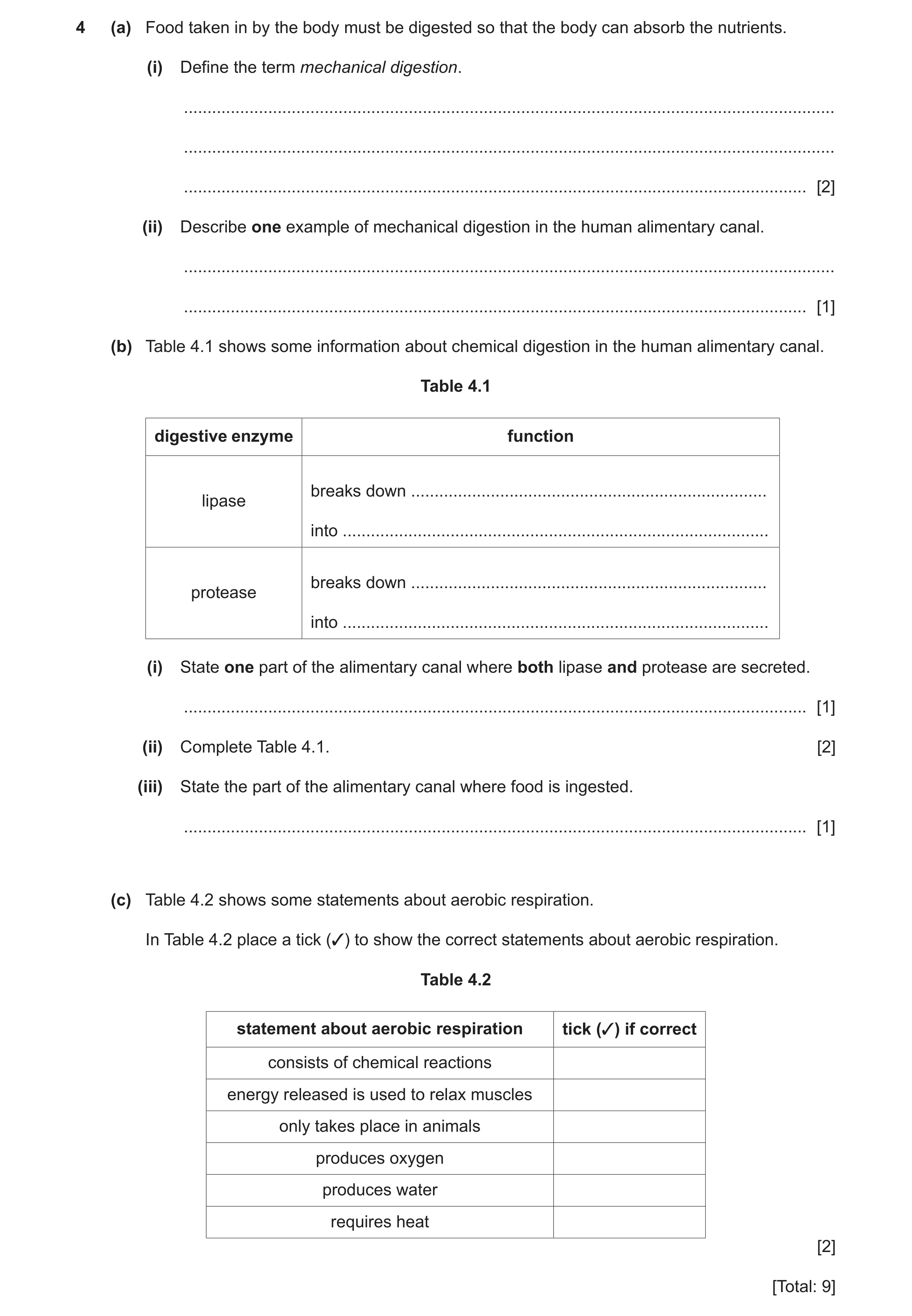 Question 6: (a) Food taken in by the body must be digested so that the body can absorb the nutrients. (i) Define the term mechanical digestion. .......…