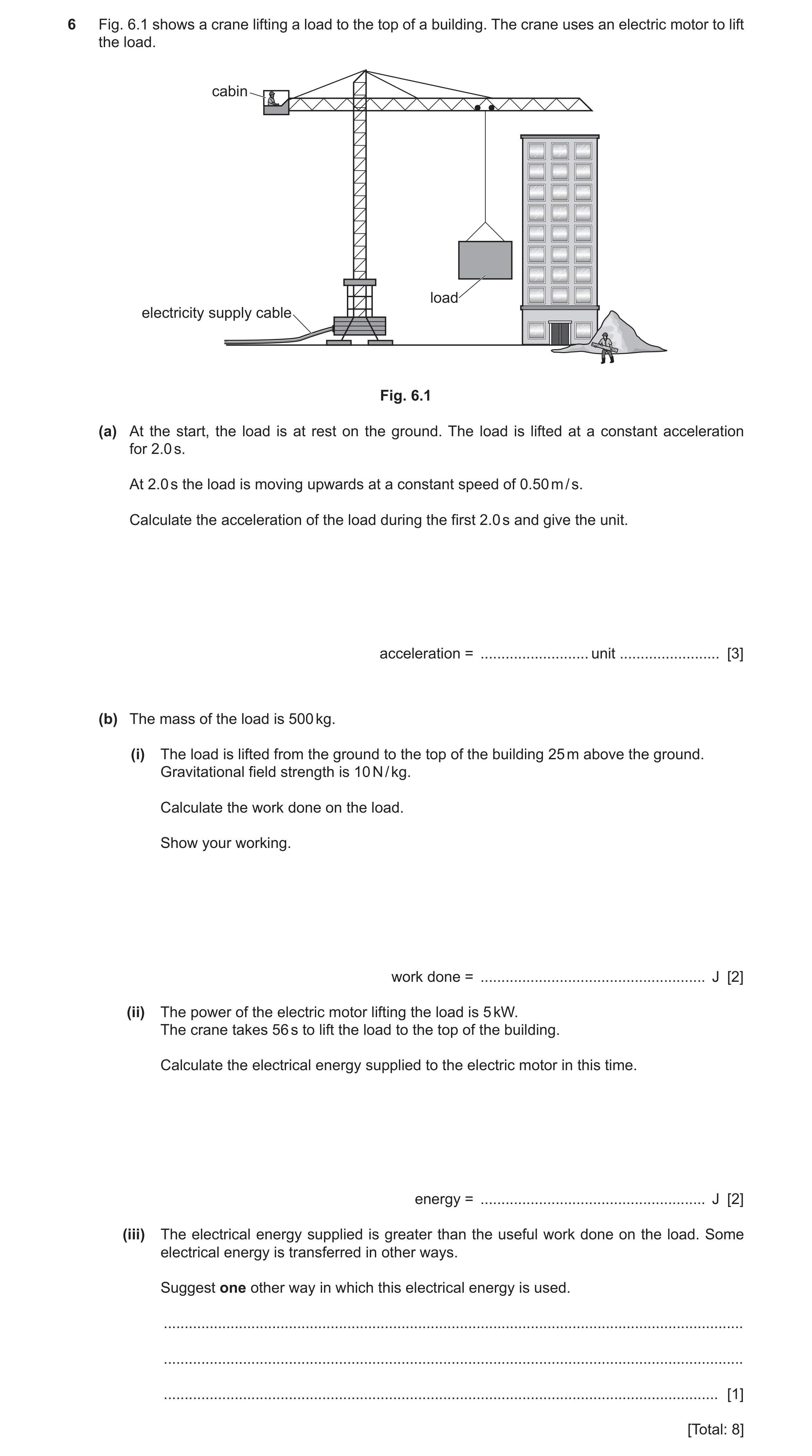 Question 17: Fig. 6.1 shows a crane lifting a load to the top of a building. The crane uses an electric motor to lift the load. cabin load electricity s…