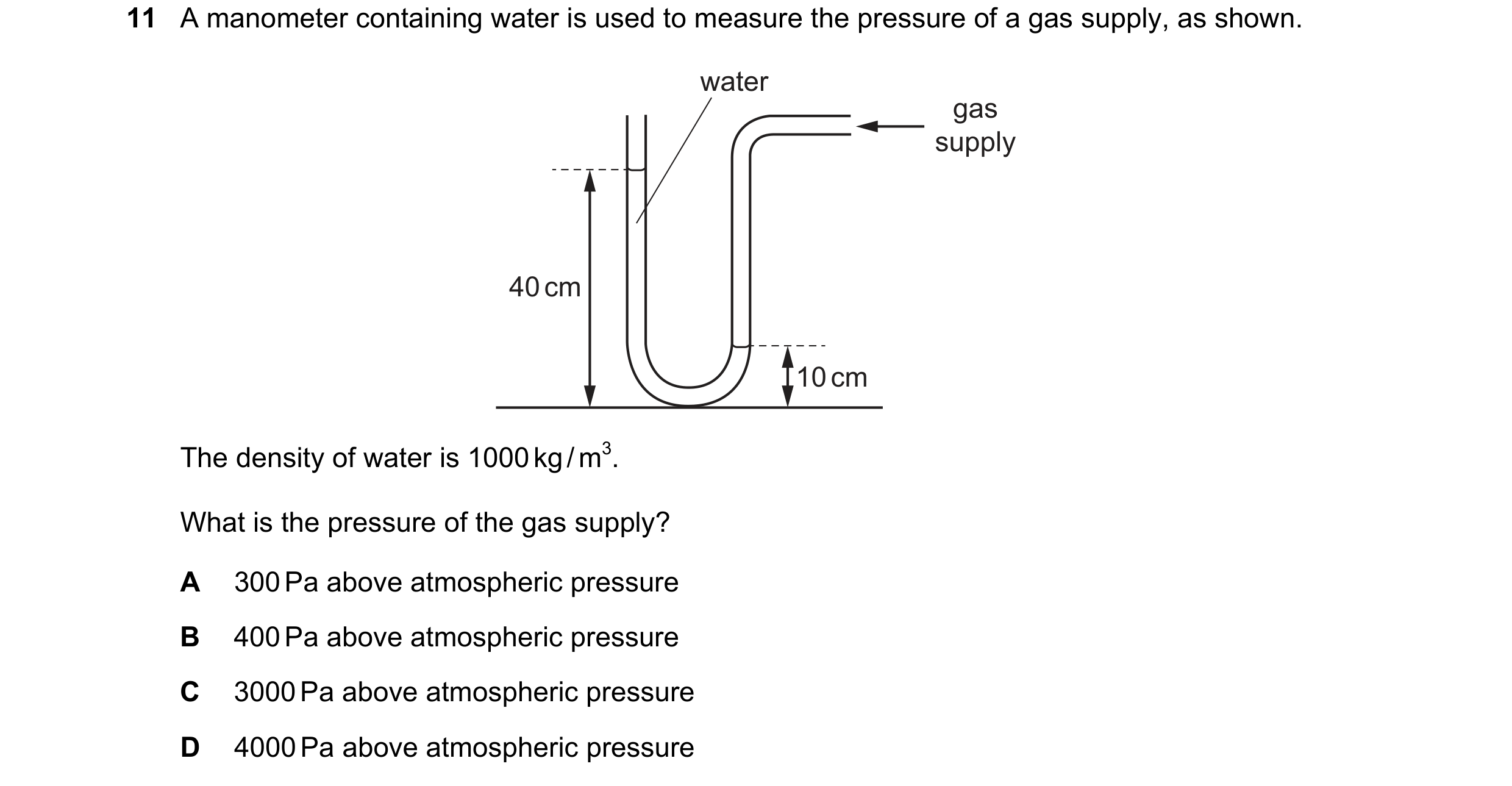 Question 21: A manometer containing water is used to measure the pressure of a gas supply, as shown. water gas supply 40 cm 10 cm The density of water i…