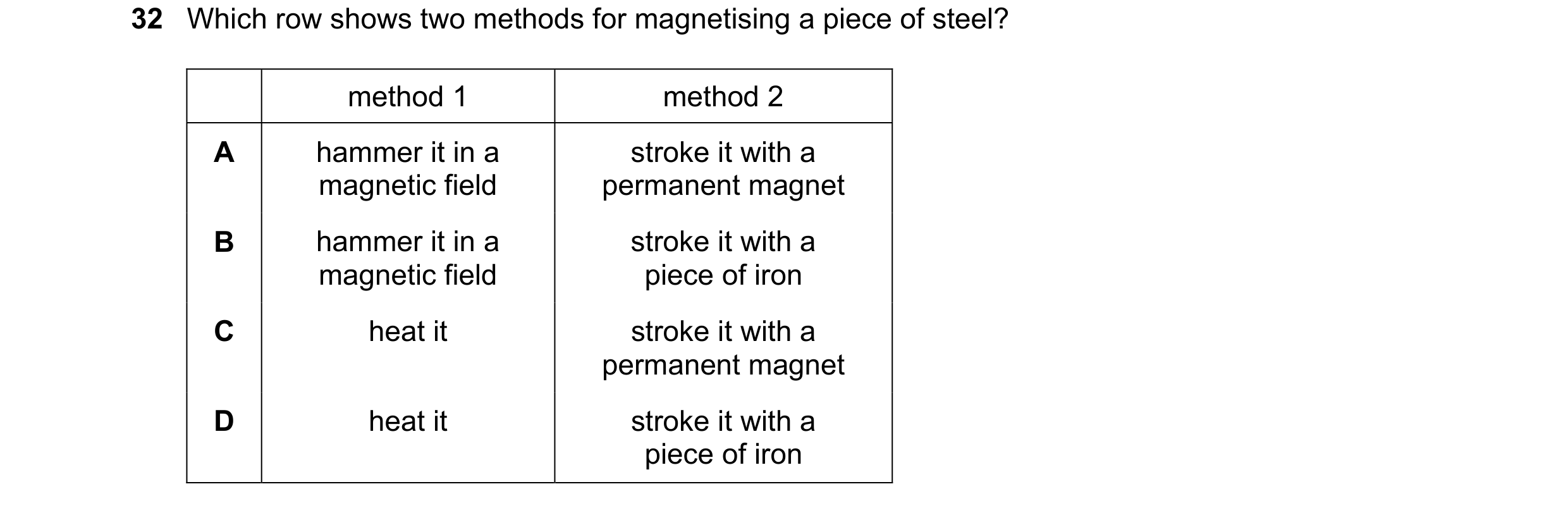 Question 36: Which row shows two methods for magnetising a piece of steel? method 1 method 2 A hammer it in a stroke it with a magnetic field permanent …