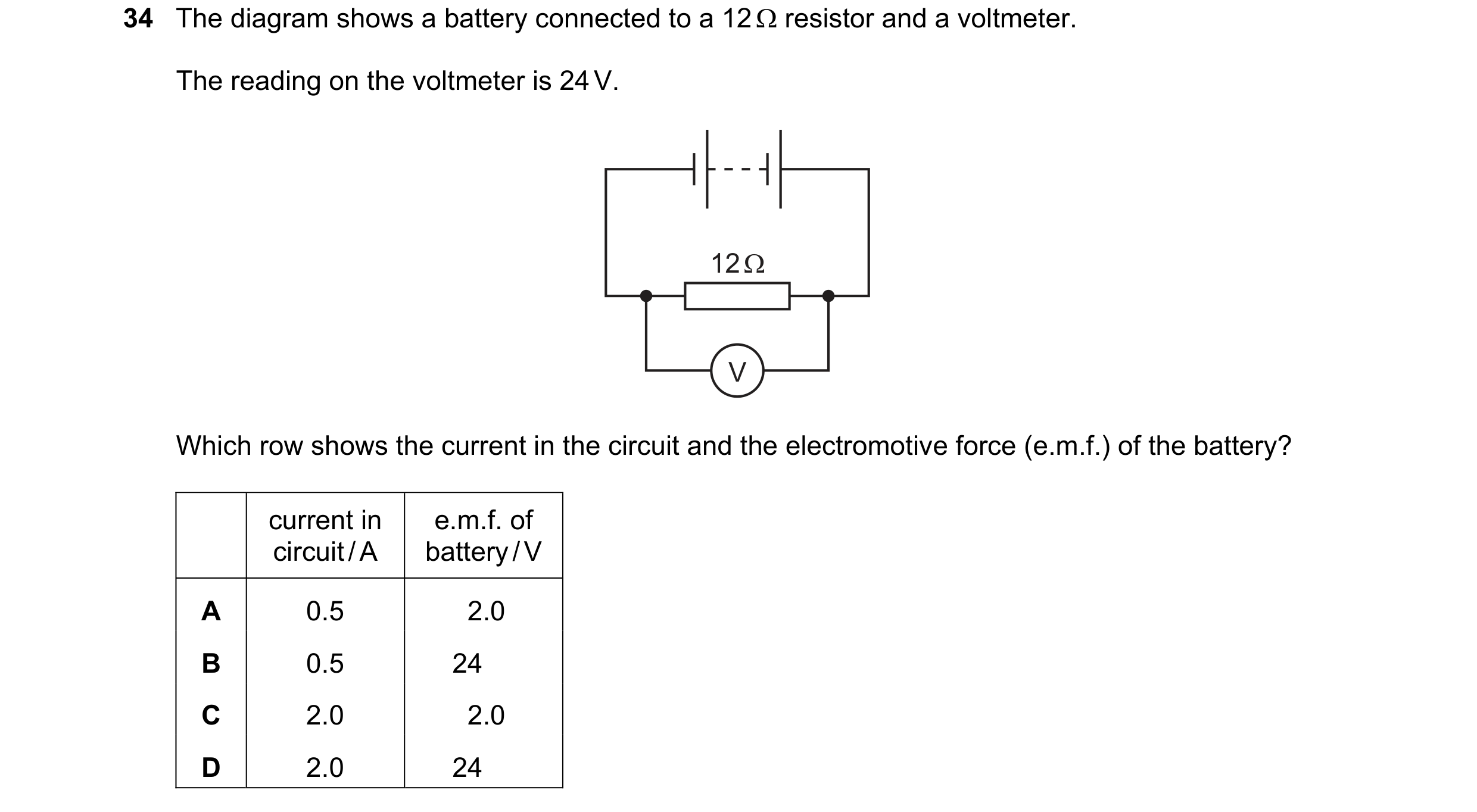 Question 36: The diagram shows a battery connected to a 12 resistor and a voltmeter. The reading on the voltmeter is 24 V. 12 Ω V Which row shows the …