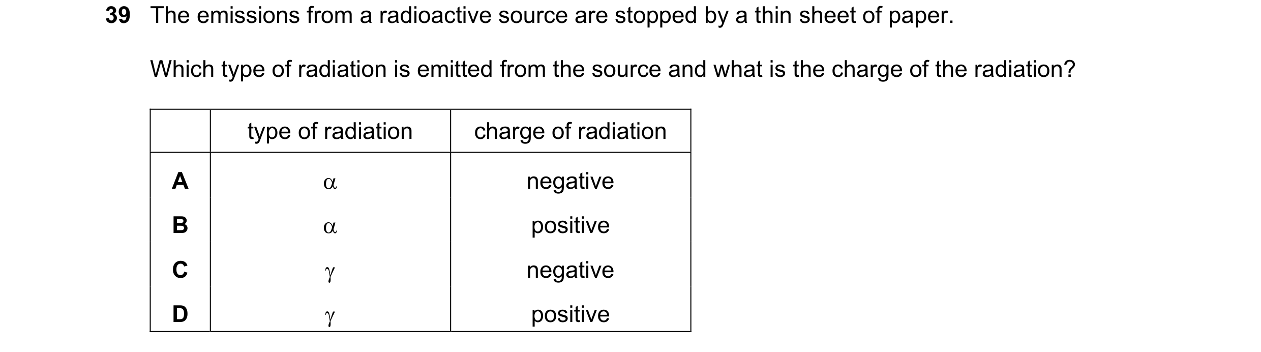Question 37: The emissions from a radioactive source are stopped by a thin sheet of paper. Which type of radiation is emitted from the source and what i…