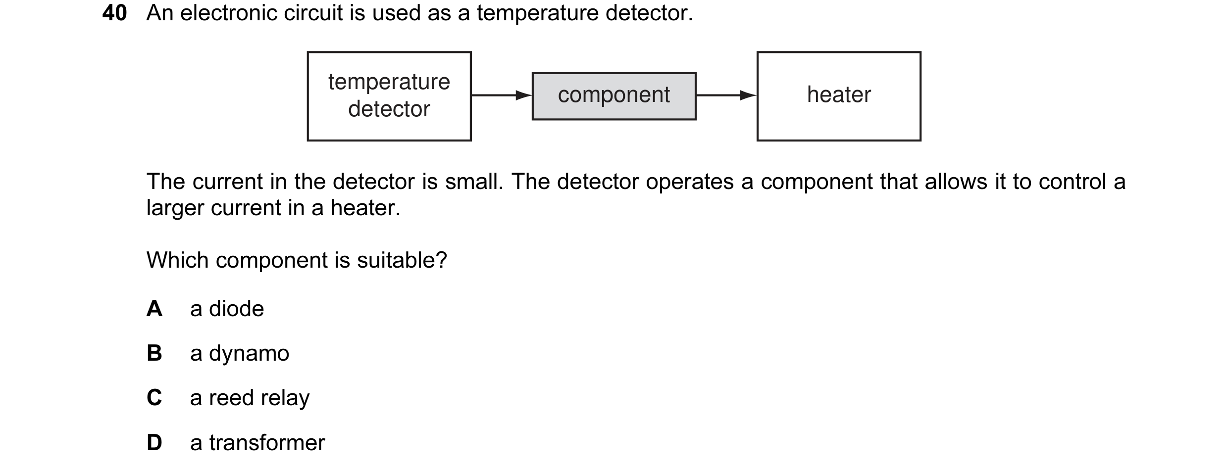 Question 22: An electronic circuit is used as a temperature detector. temperature component heater detector The current in the detector is small. The de…