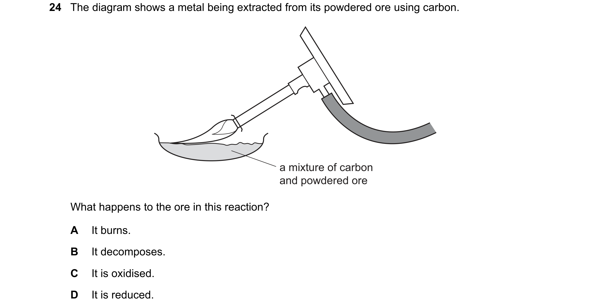 Question 34: The diagram shows a metal being extracted from its powdered ore using carbon. a mixture of carbon and powdered ore What happens to the ore …
