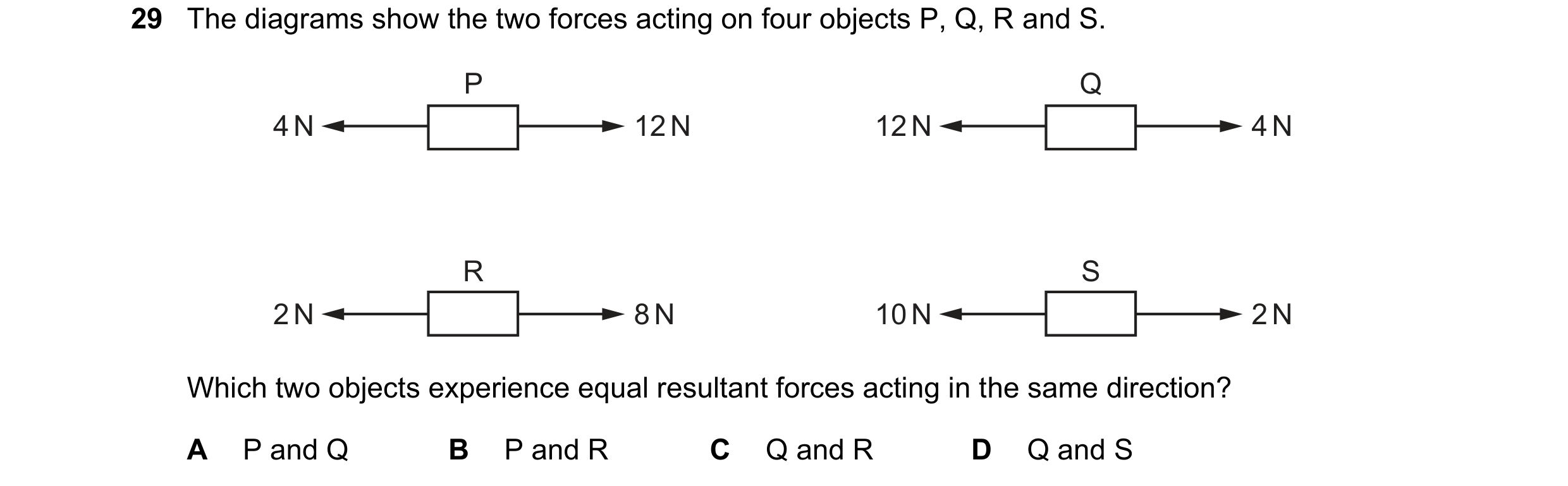 Question 49: The diagrams show the two forces acting on four objects P, Q, R and S. P Q 4 N 12 N 12 N 4 N R S 2 N 8 N 10 N 2 N Which two objects experie…