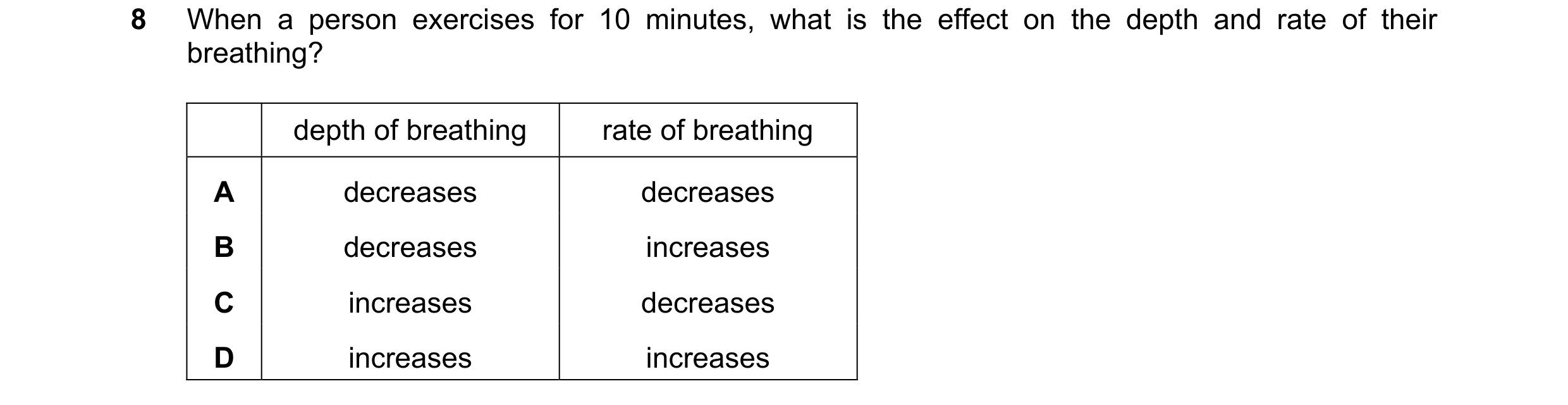 Question 52: When a person exercises for 10 minutes, what is the effect on the depth and rate of their breathing? depth of breathing rate of breathing A…