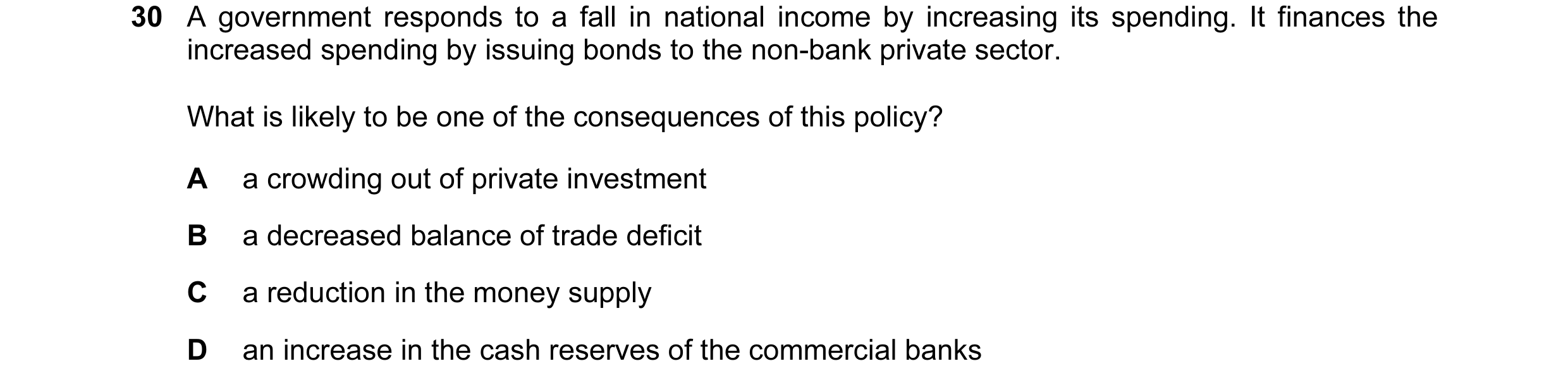 Question 102: A government responds to a fall in national income by increasing its spending. It finances the increased spending by issuing bonds to the n…
