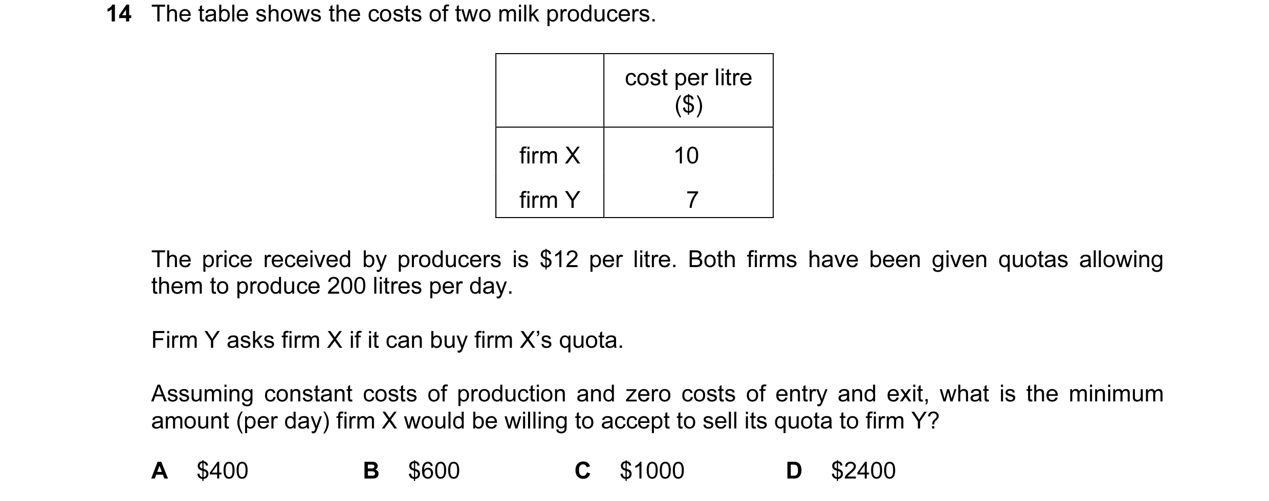 Question 47: The table shows the costs of two milk producers. cost per litre ($) firm X 10 firm Y 7 The price received by producers is $12 per litre. Bo…