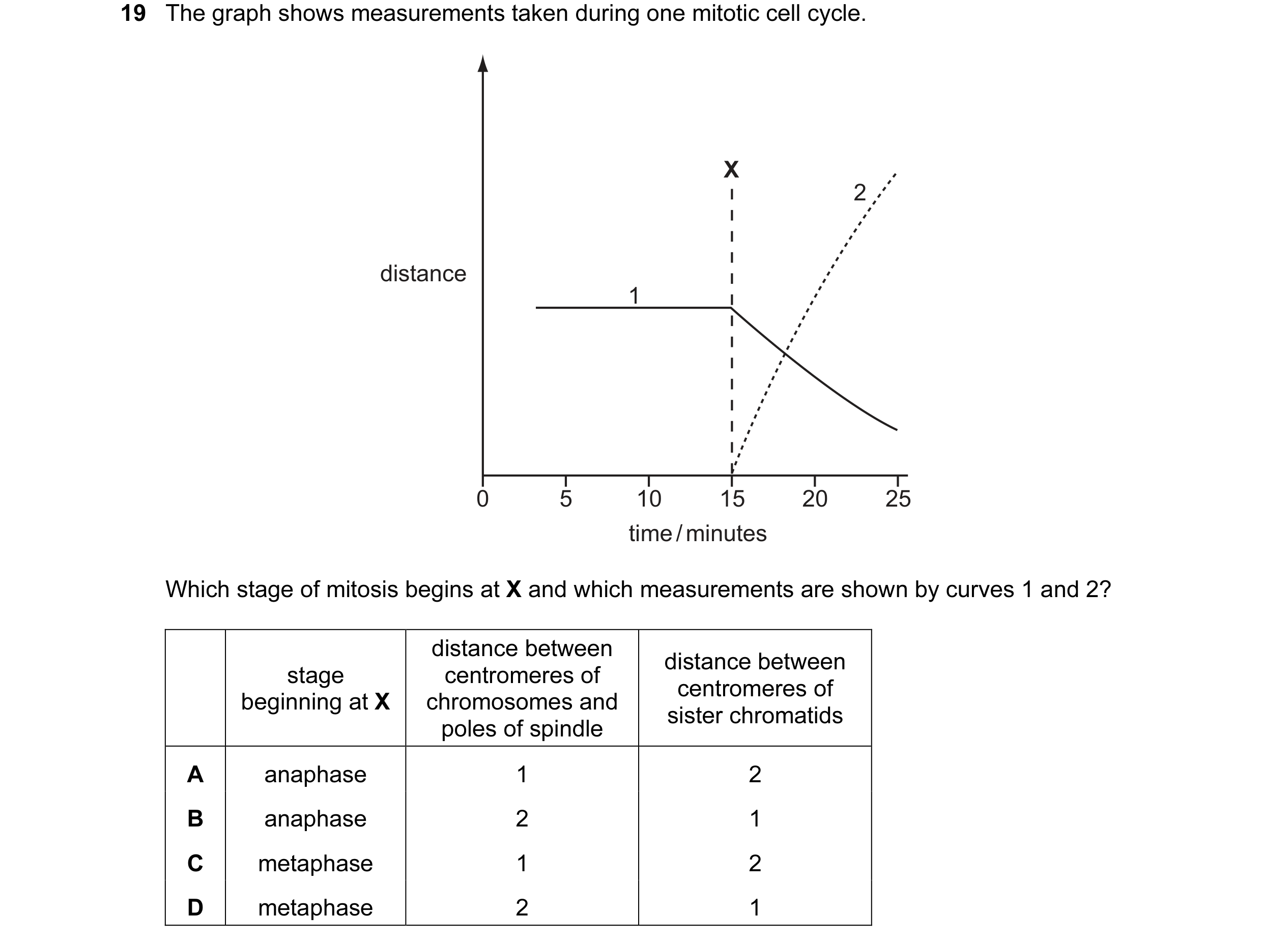 Question 1: The graph shows measurements taken during one mitotic cell cycle. X 2 distance 1 0 5 10 15 20 25 time / minutes Which stage of mitosis begi…