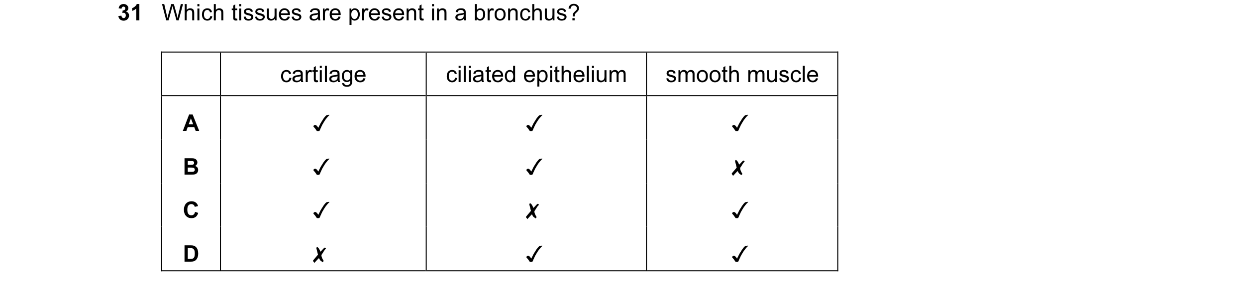 Question 1: Which tissues are present in a bronchus?
cartilage ciliated epithelium | smooth muscle
A v v v
B v v x
Cc v x v
D x v v