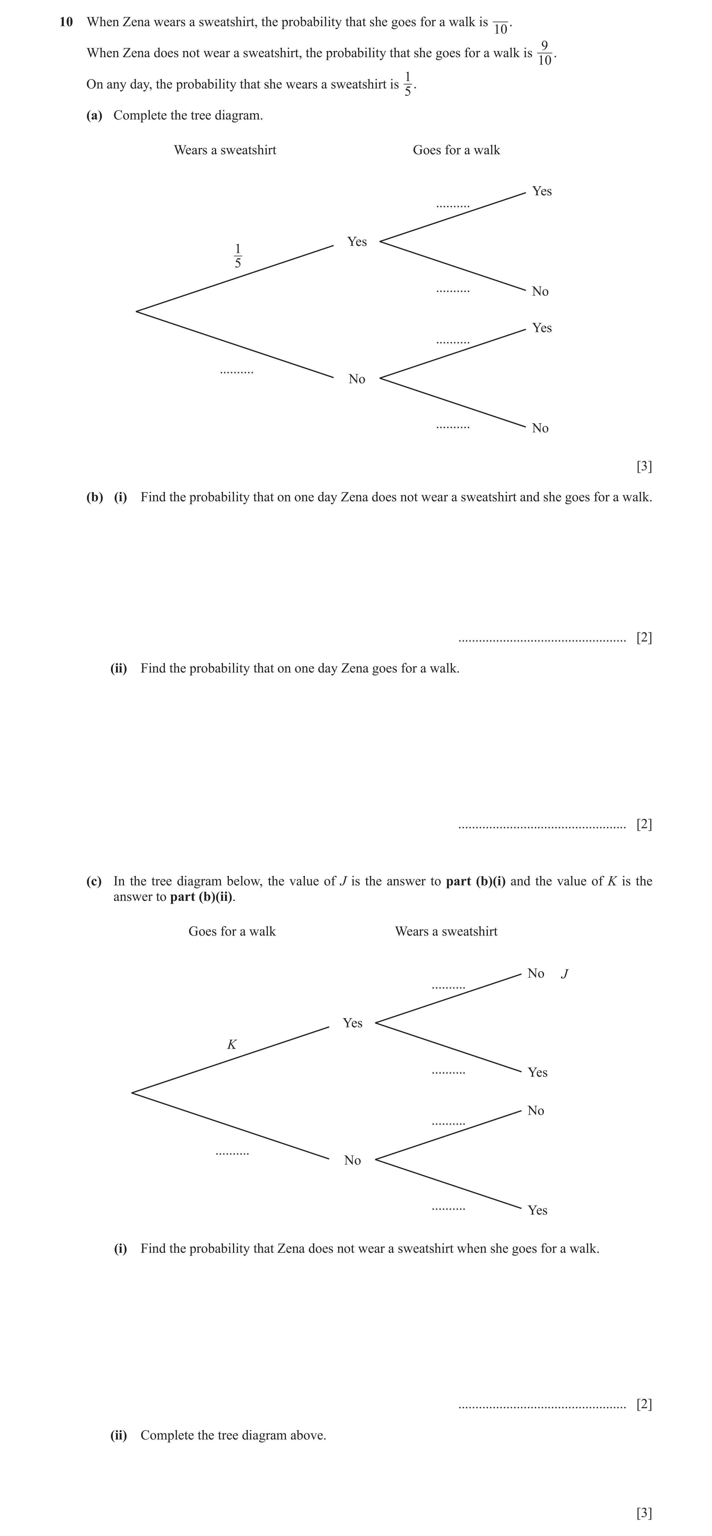 Question 28: When Zena wears a sweatshirt, the probability that she goes for a walk is 10. 9 When Zena does not wear a sweatshirt, the probability that …