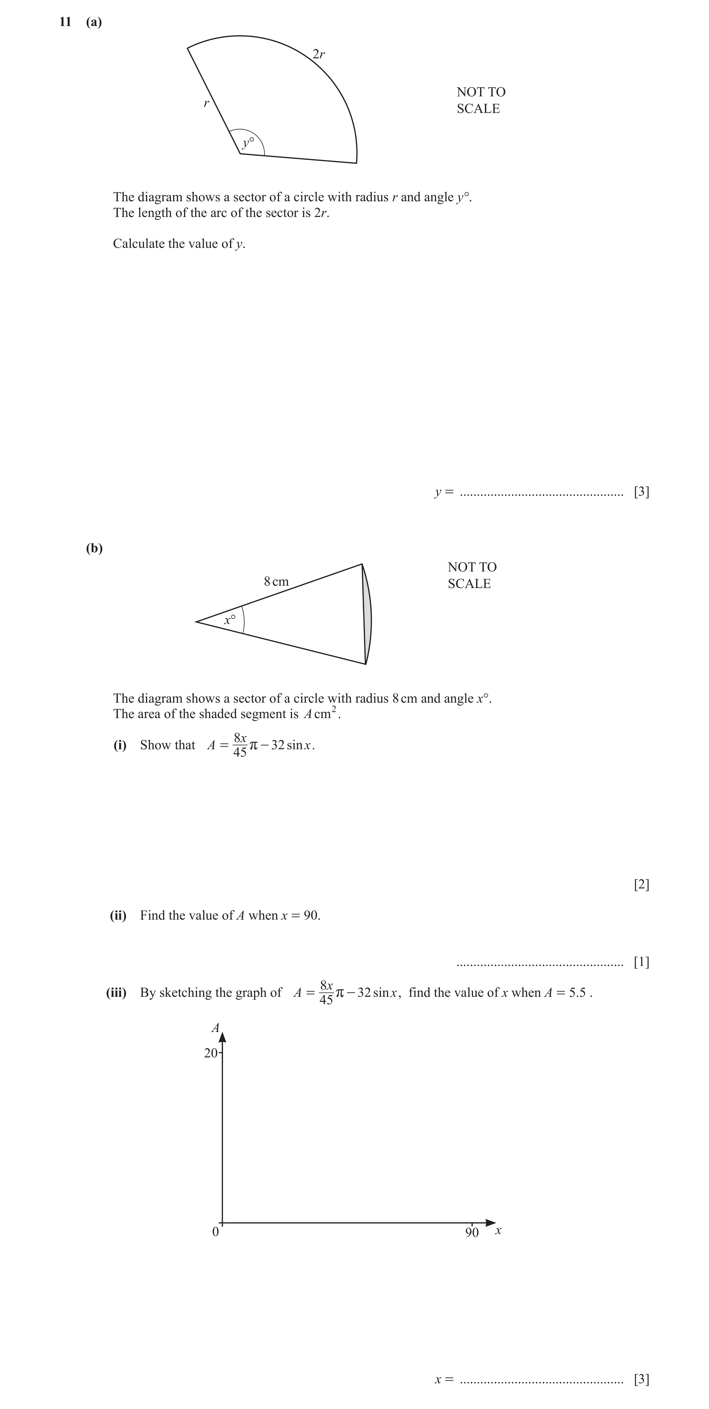 Question 20: (a) 2r NOT TO r SCALE y° The diagram shows a sector of a circle with radius r and angle y°. The length of the arc of the sector is 2r. Calc…