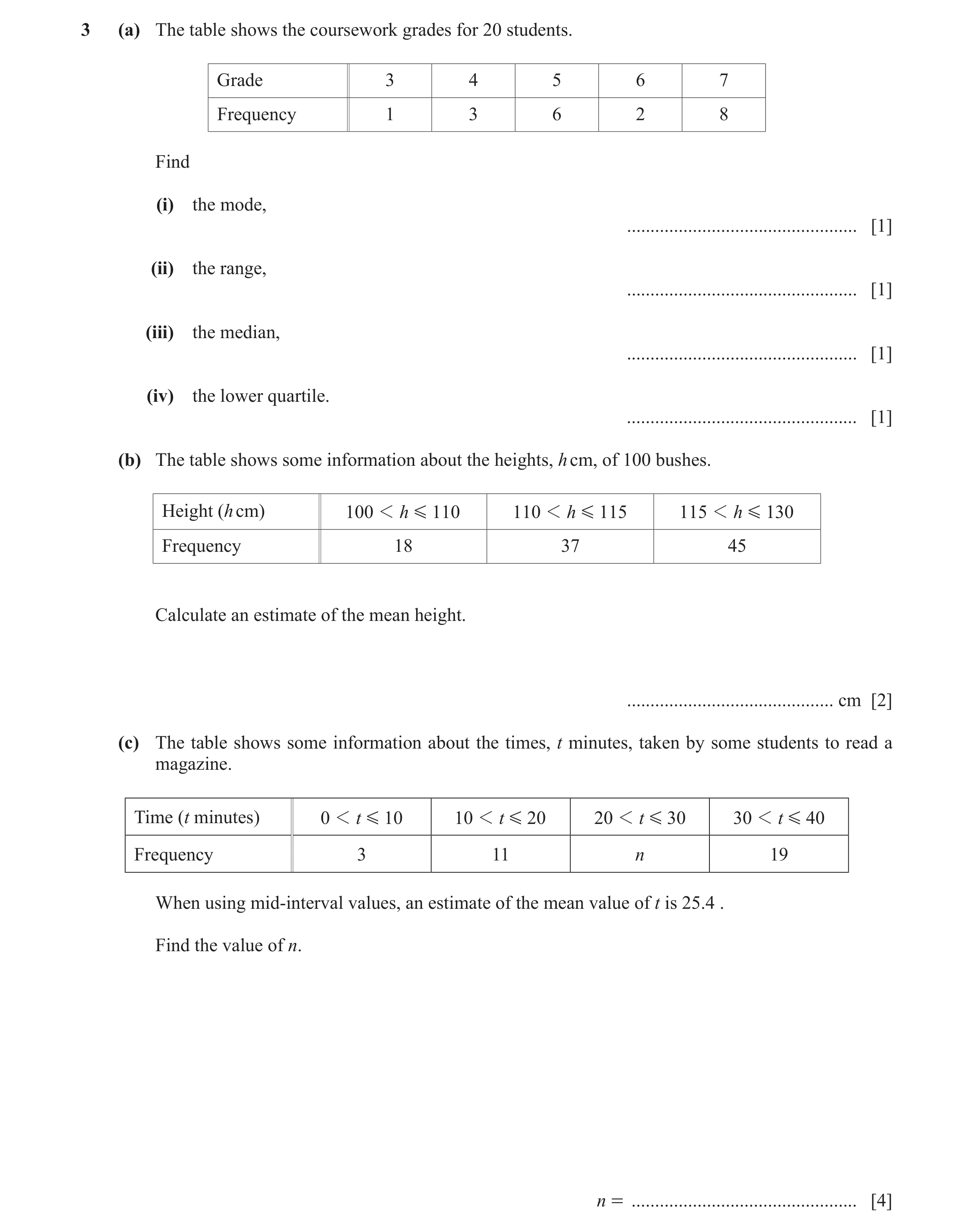 Question 34: (a) The table shows the coursework grades for 20 students. Grade 3 4 5 6 7 Frequency 1 3 6 2 8 Find (i) the mode, .........................…
