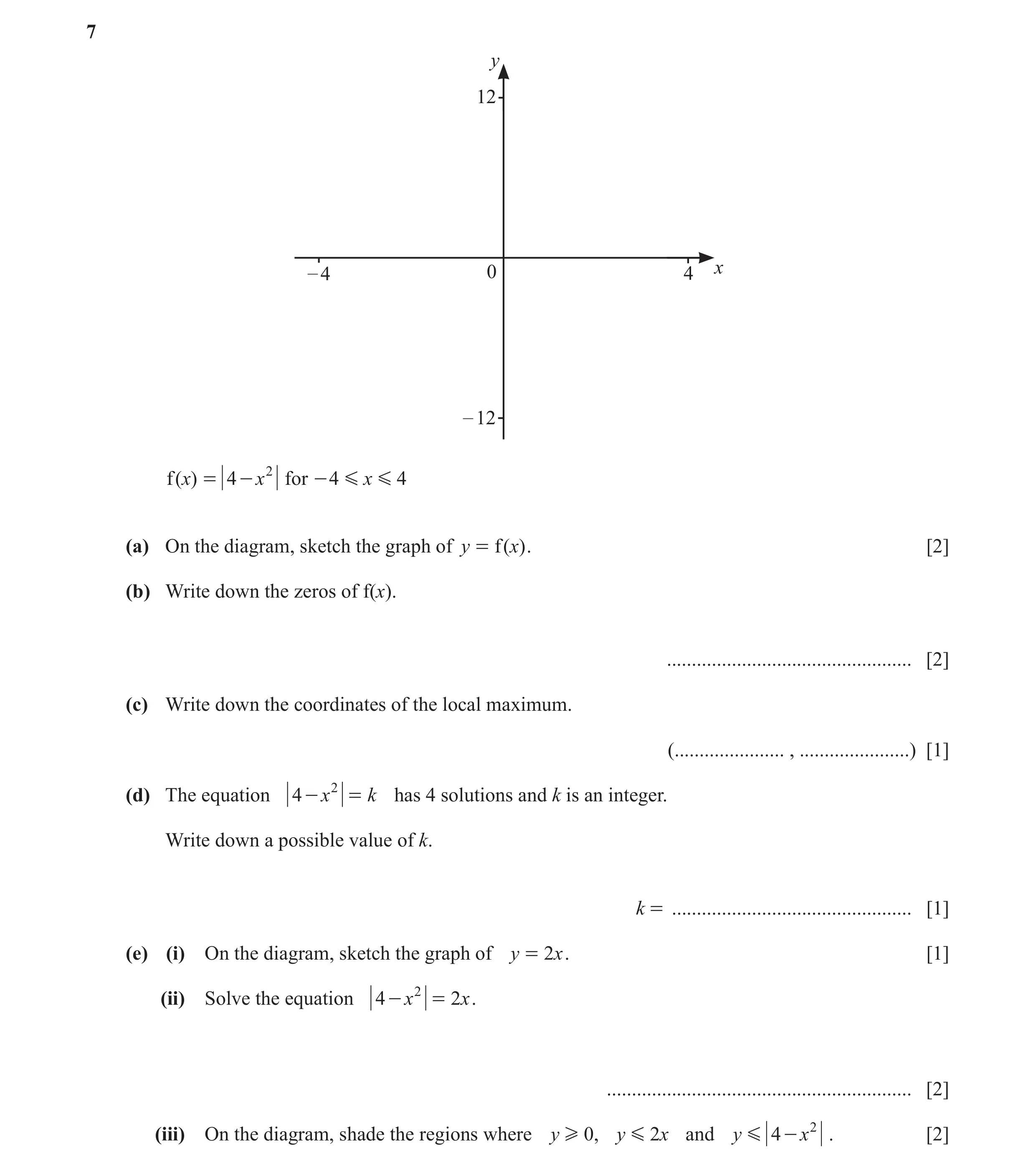 Question 33: y 12 x – 4 0 4 – 12 f ( )x = 4 - x 2 for - 4 G x G 4 (a) On the diagram, sketch the graph of y = f ( x) . [2] (b) Write down the zeros of f…
