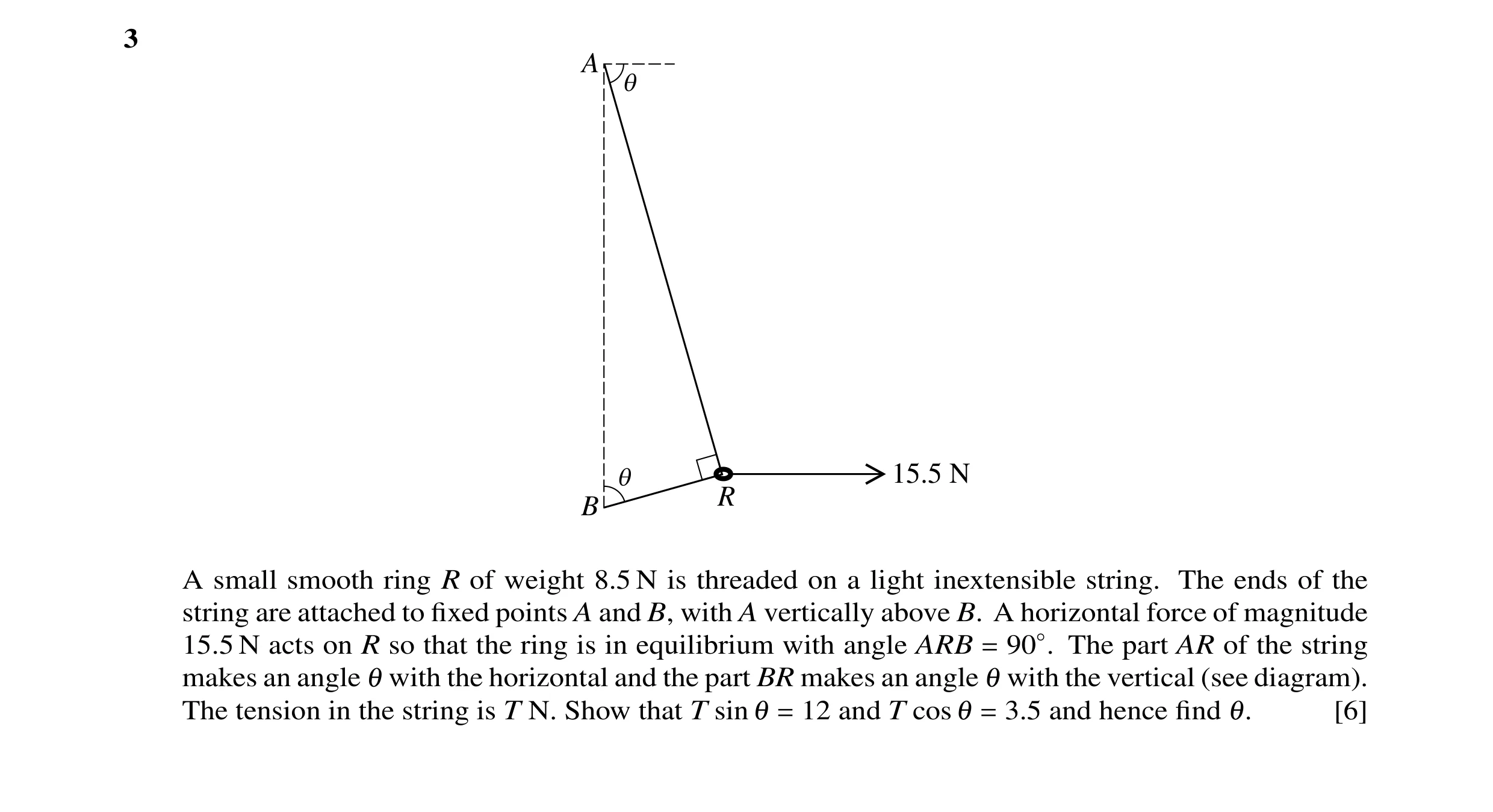 Question 33: A q q 15.5 N R B A small smooth ring R of weight 8.5 N is threaded on a light inextensible string. The ends of the string are attached to fi…