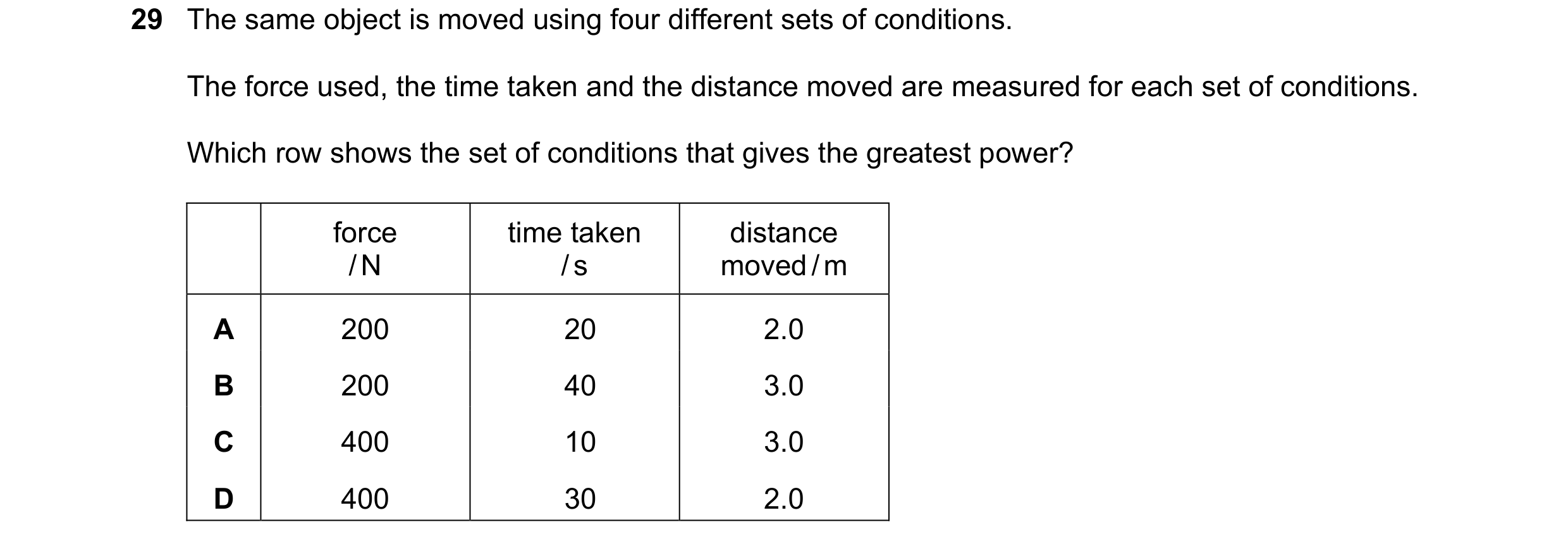 Question 142: The same object is moved using four different sets of conditions. The force used, the time taken and the distance moved are measured for ea…