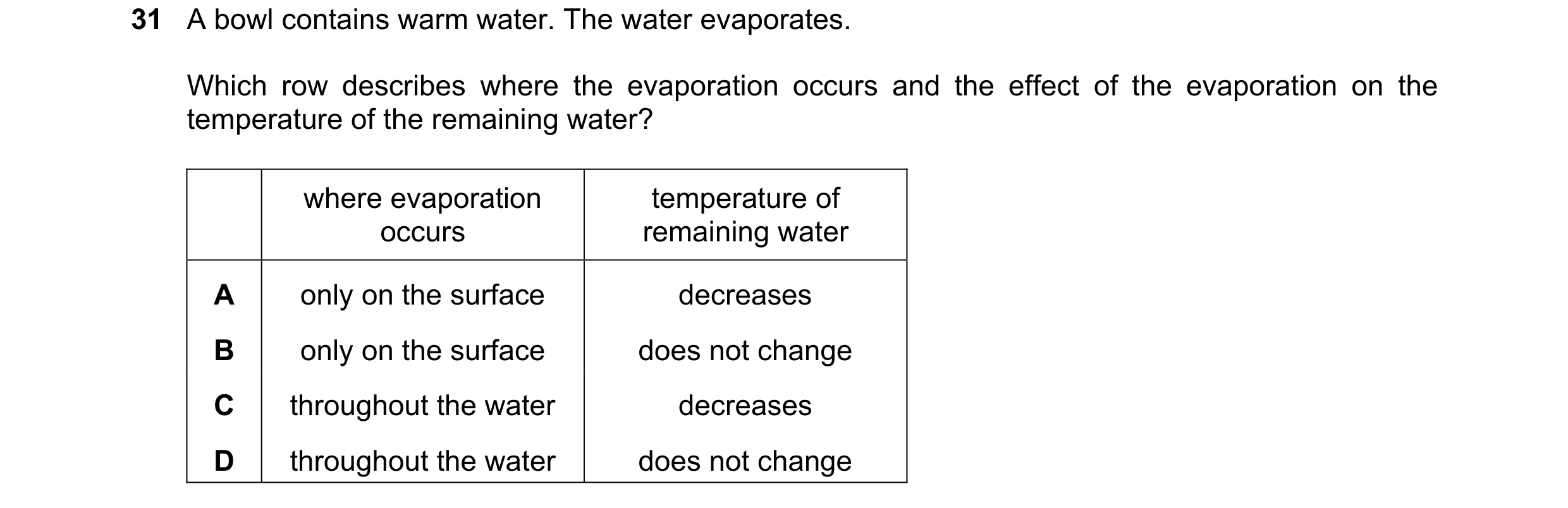 Question 49: A bowl contains warm water. The water evaporates. Which row describes where the evaporation occurs and the effect of the evaporation on the…