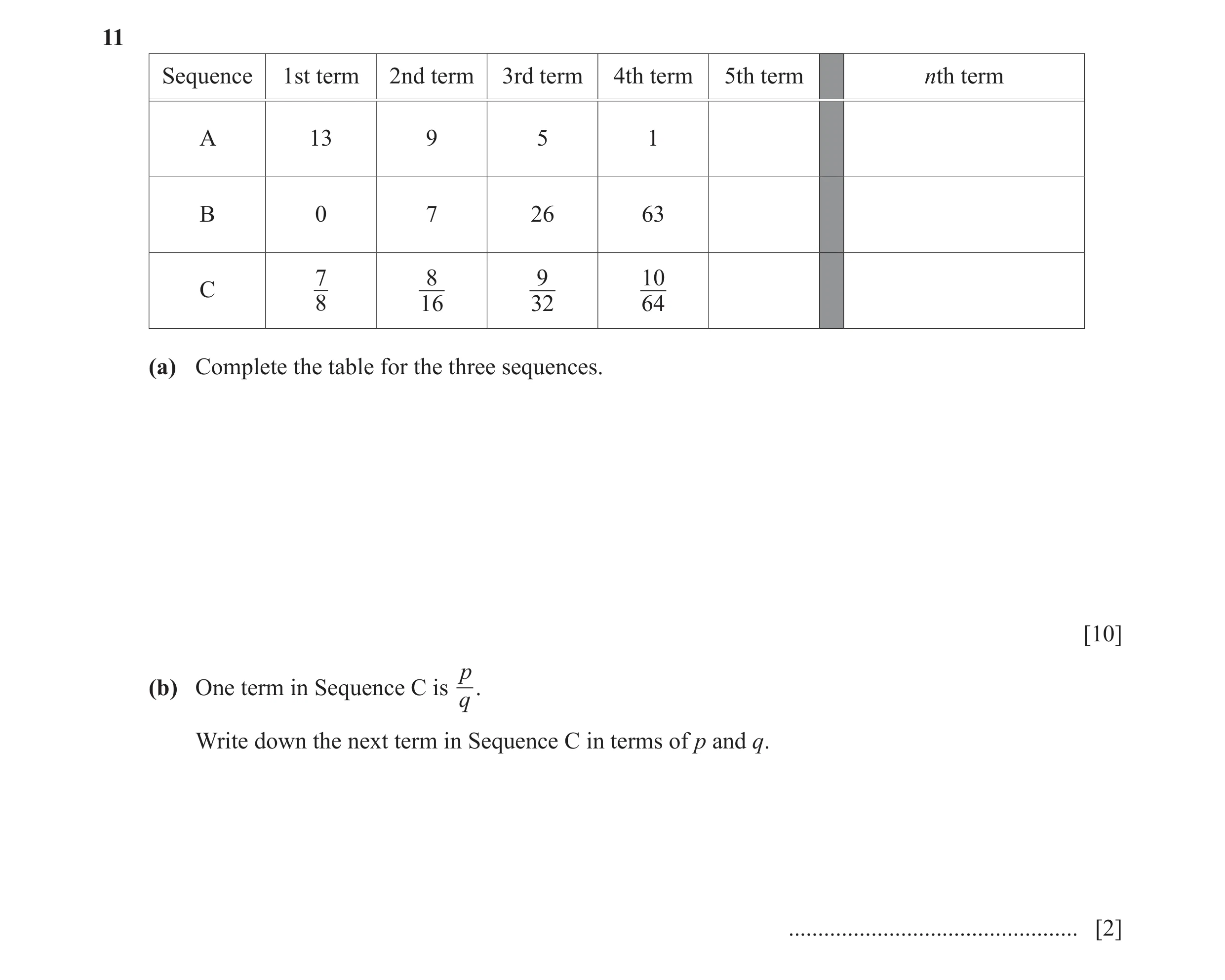 Question 11: Sequence 1st term 2nd term 3rd term 4th term 5th term nth term A 13 9 5 1 B 0 7 26 63 7 8 9 10 C 8 16 32 64 (a) Complete the table for the …