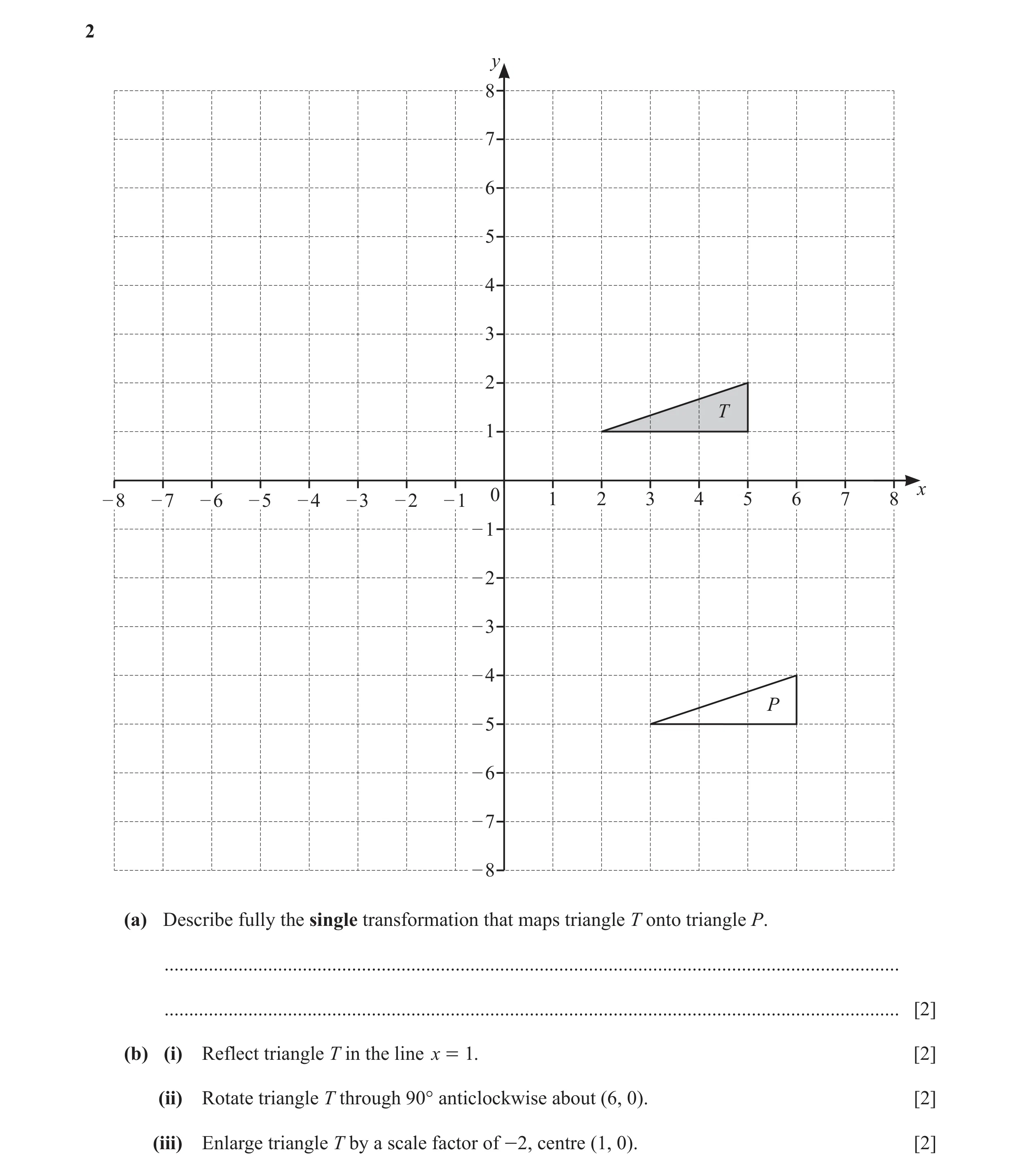 Question 21: y 8 7 6 5 4 3 2 T 1 x – 8 – 7 – 6 – 5 – 4 – 3 – 2 – 1 0 1 2 3 4 5 6 7 8 – 1 – 2 – 3 – 4 P – 5 – 6 – 7 – 8 (a) Describe fully the single tra…