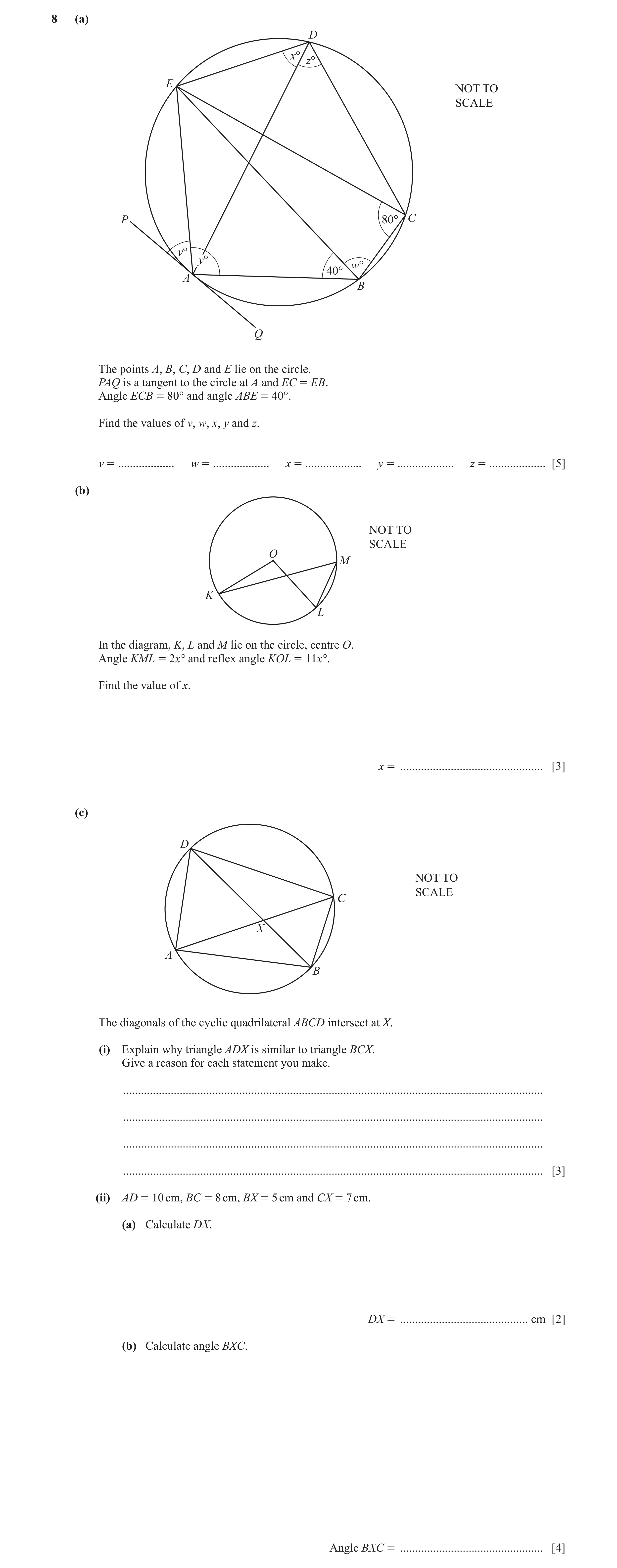 Question 9: (a) D x° z° E NOT TO SCALE P 80° C v° y° w° 40° A B Q The points A, B, C, D and E lie on the circle. PAQ is a tangent to the circle at A an…