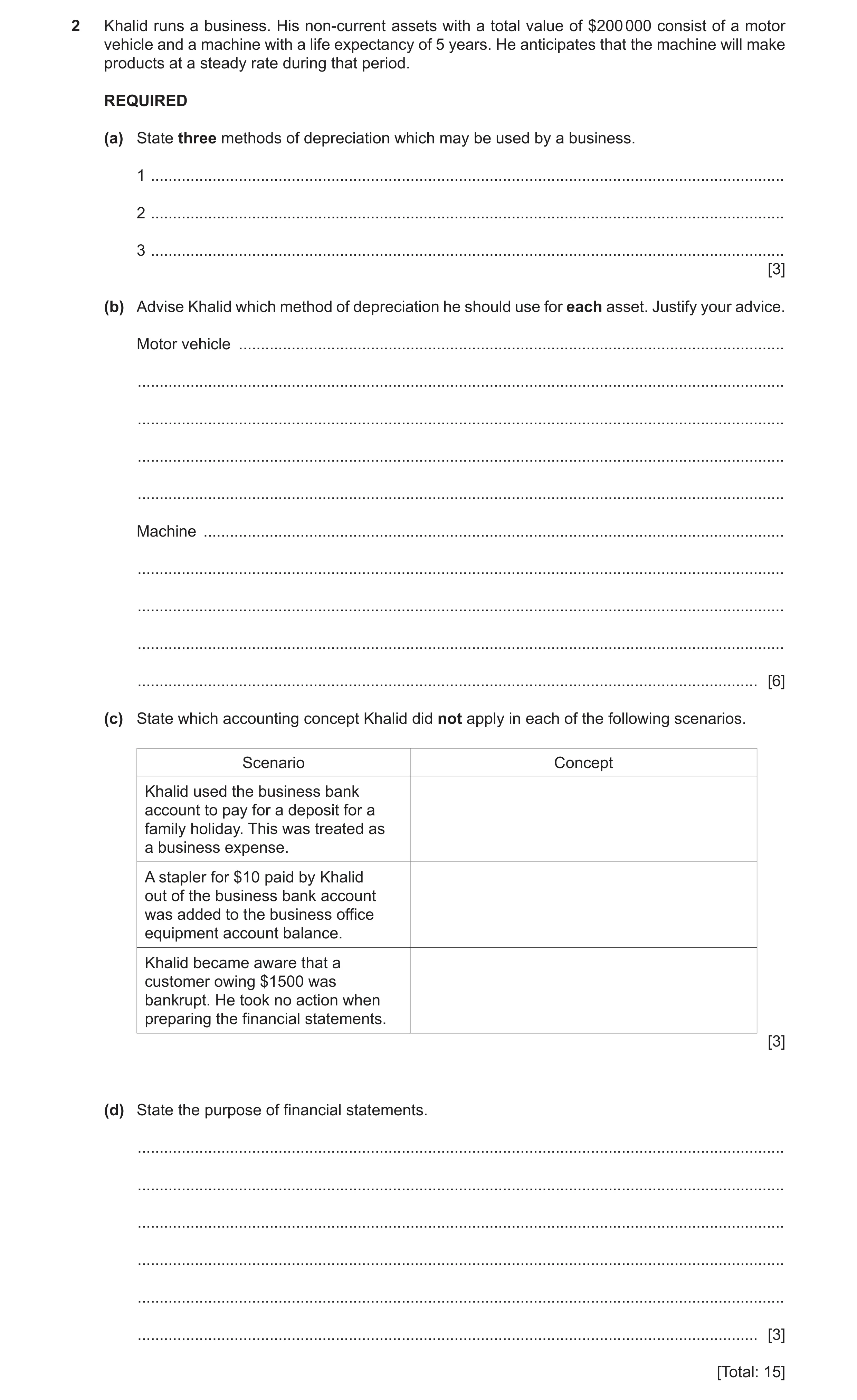 Question 18: Khalid runs a business. His non-current assets with a total value of $200 000 consist of a motor vehicle and a machine with a life expectan…
