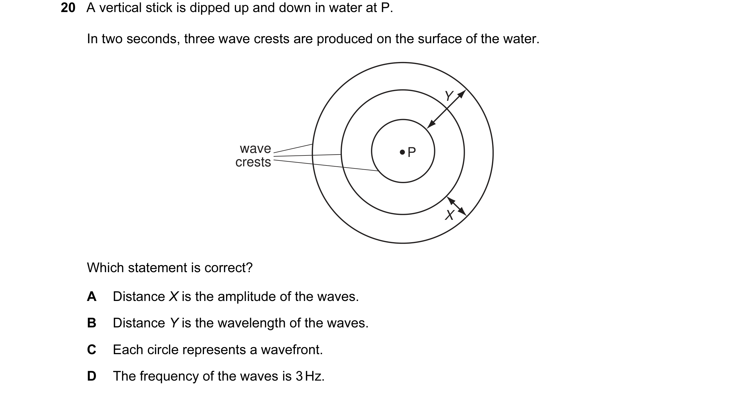 Question 45: A vertical stick is dipped up and down in water at P. In two seconds, three wave crests are produced on the surface of the water. Y wave P …