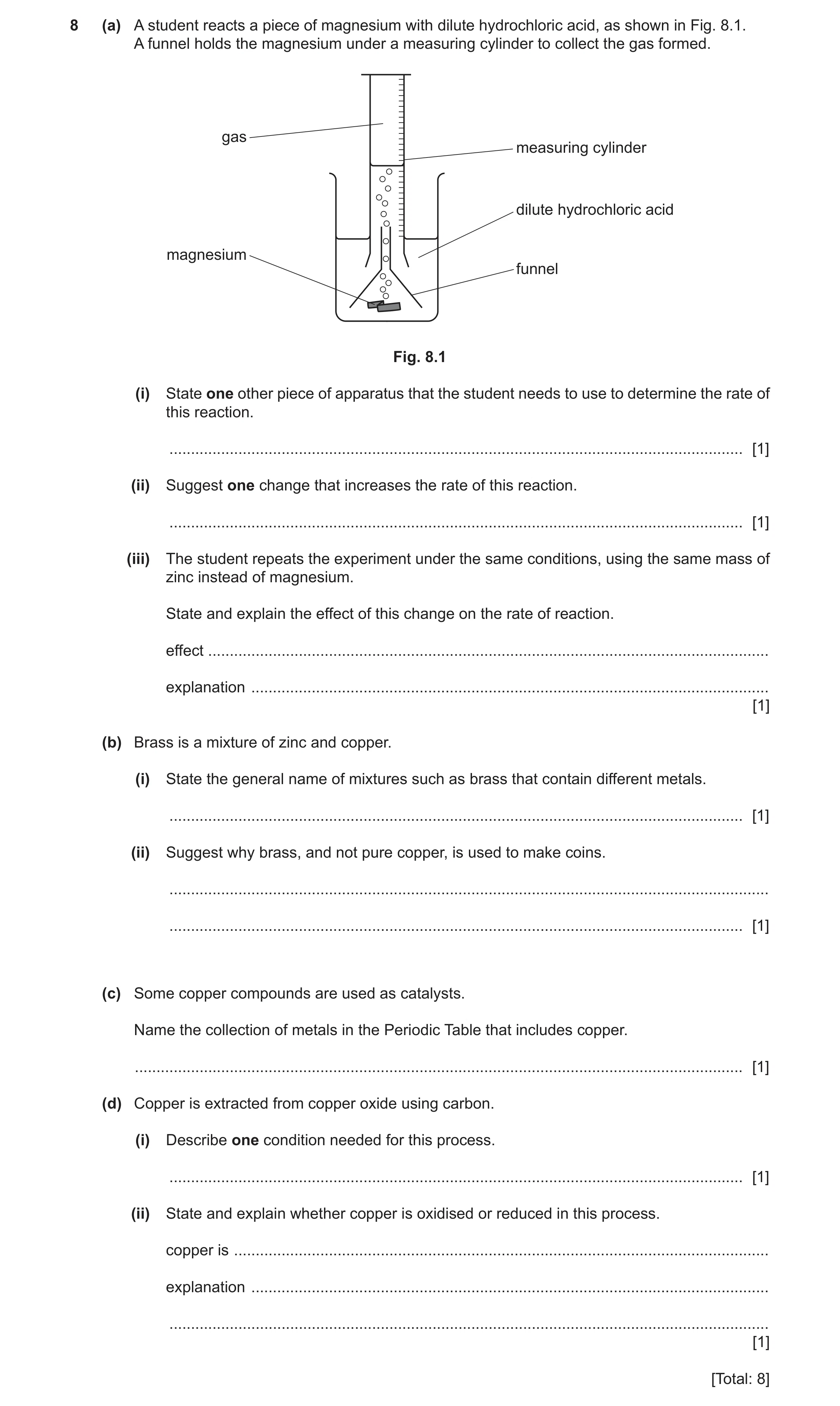Question 11: (a) A student reacts a piece of magnesium with dilute hydrochloric acid, as shown in Fig. 8.1. A funnel holds the magnesium under a measuri…