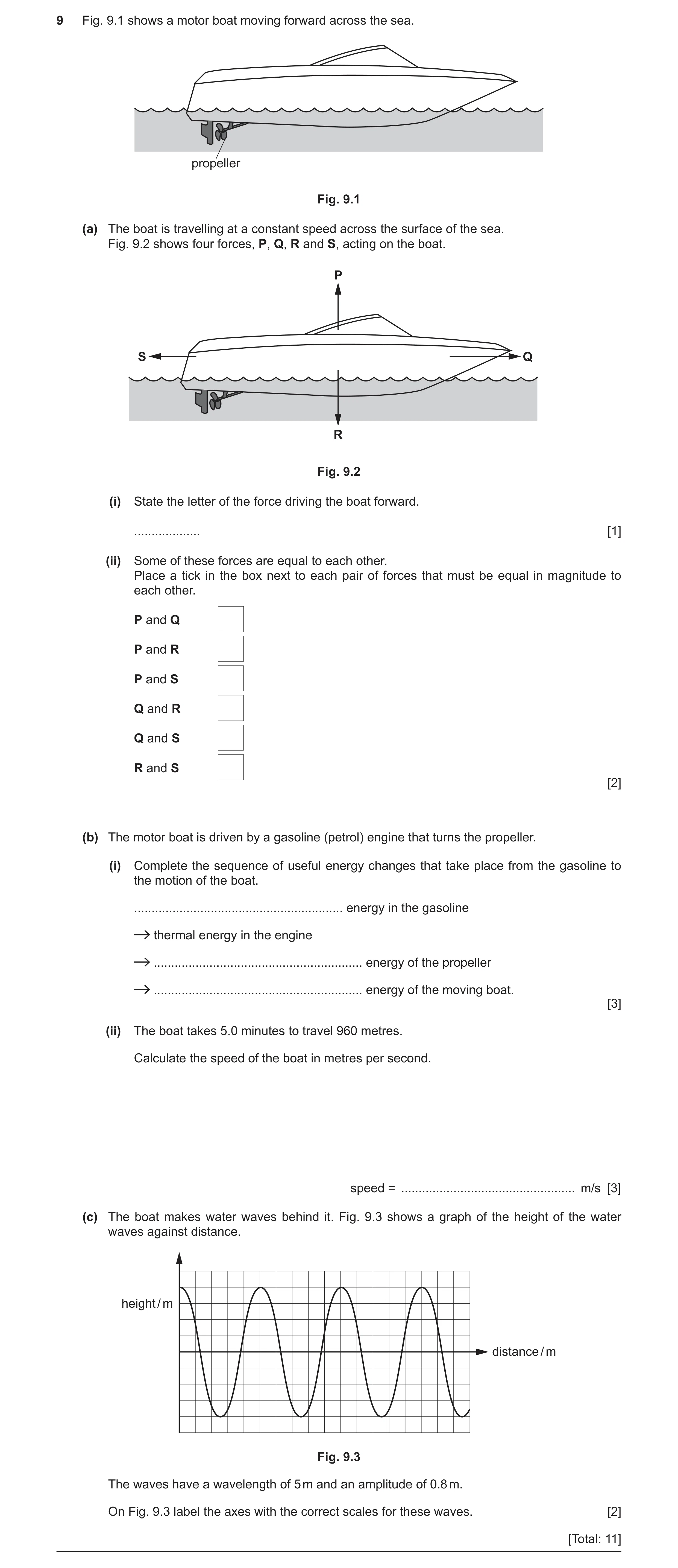 Question 23: Fig. 9.1 shows a motor boat moving forward across the sea. propeller Fig. 9.1 (a) The boat is travelling at a constant speed across the sur…