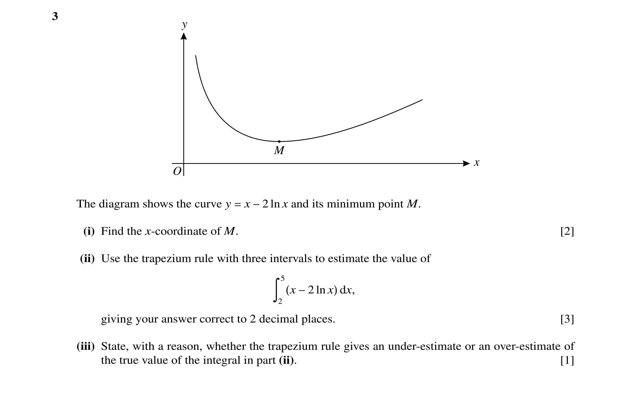 Question 26: y M x O The diagram shows the curve y x ln x and its minimum point M. = −2 (i) Find the x-coordinate of M. [2] (ii) Use the trapezium rule …