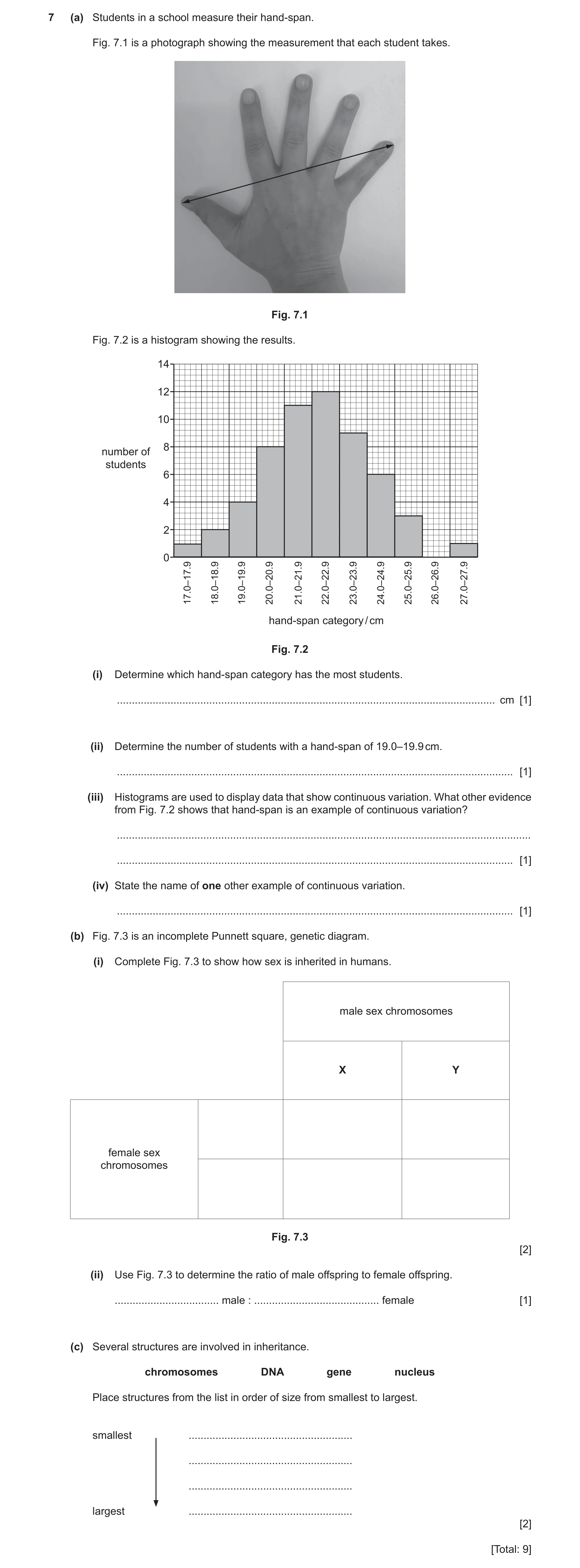 Question 9: (a) Students in a school measure their hand-span. Fig. 7.1 is a photograph showing the measurement that each student takes. Fig. 7.1 Fig. 7…