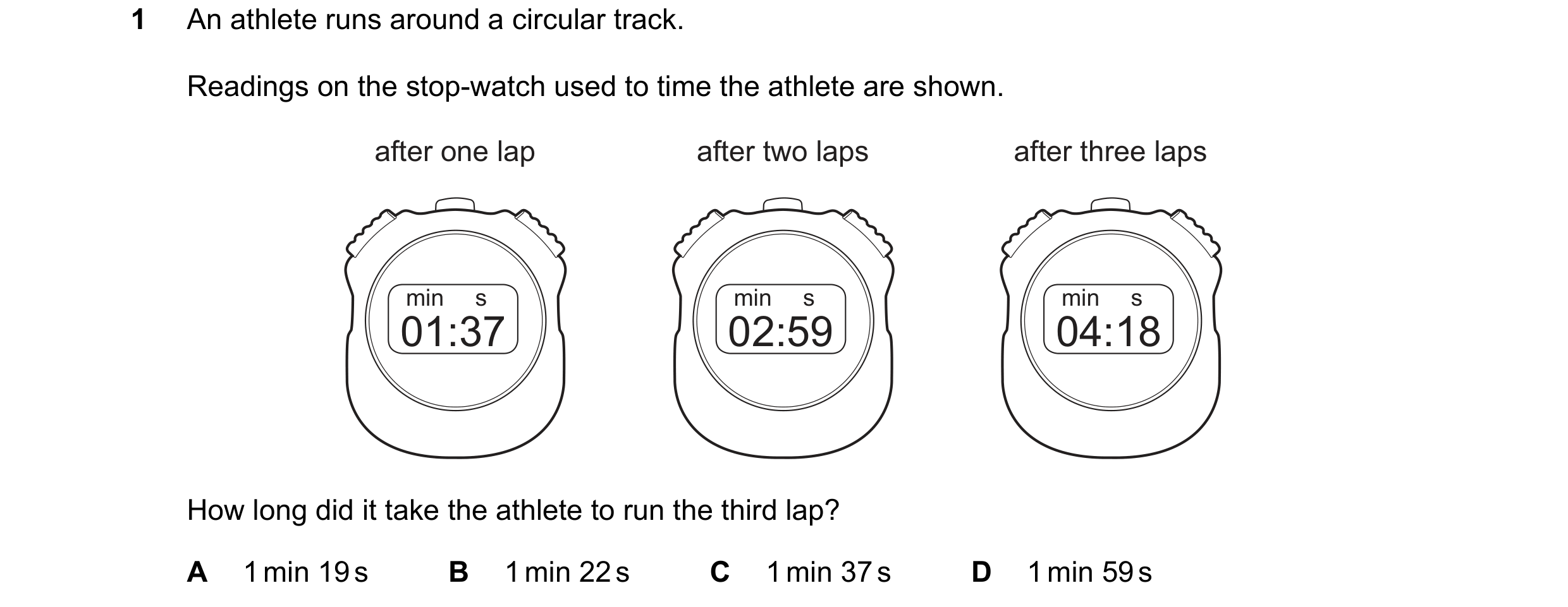 Question 218: An athlete runs around a circular track. Readings on the stop-watch used to time the athlete are shown. after one lap after two laps after …