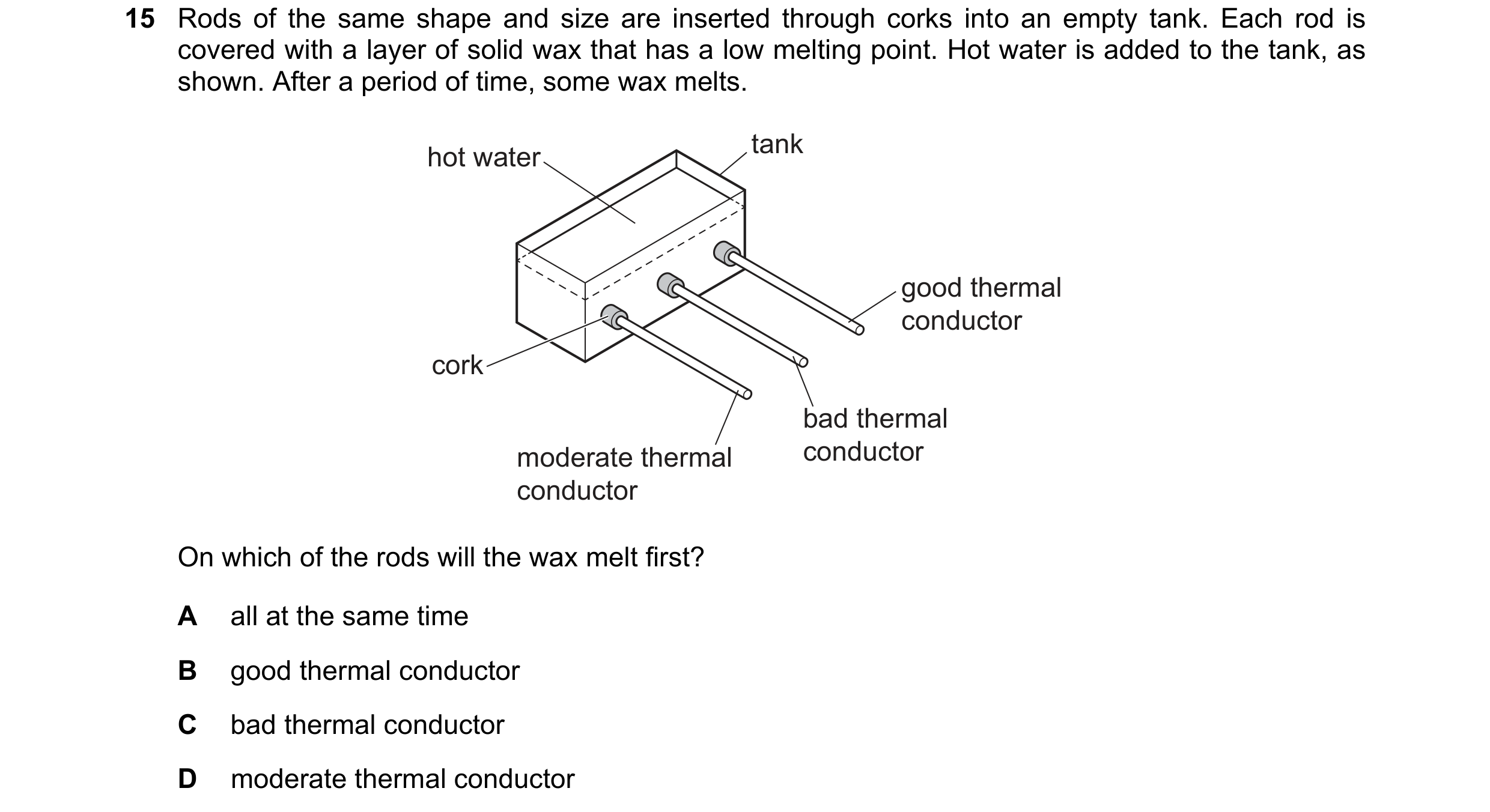 Question 195: Rods of the same shape and size are inserted through corks into an empty tank. Each rod is covered with a layer of solid wax that has a low…