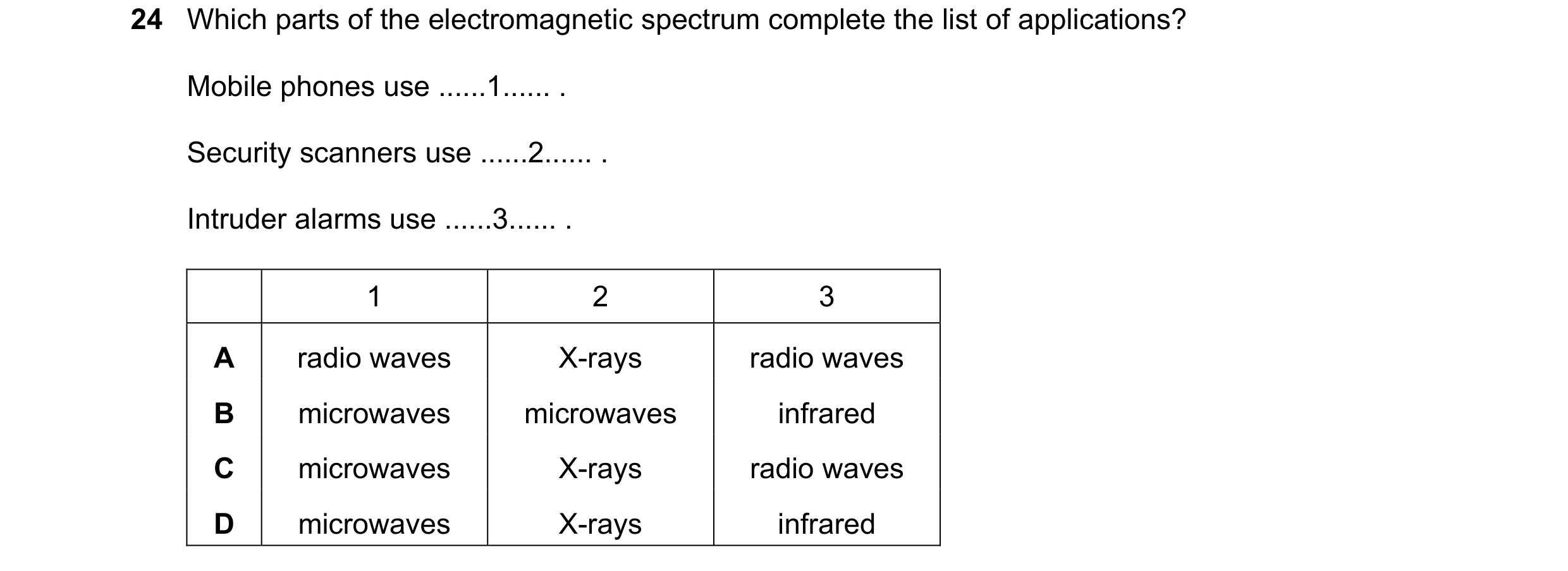 Question 153: Which parts of the electromagnetic spectrum complete the list of applications? Mobile phones use ......1...... . Security scanners use ....…