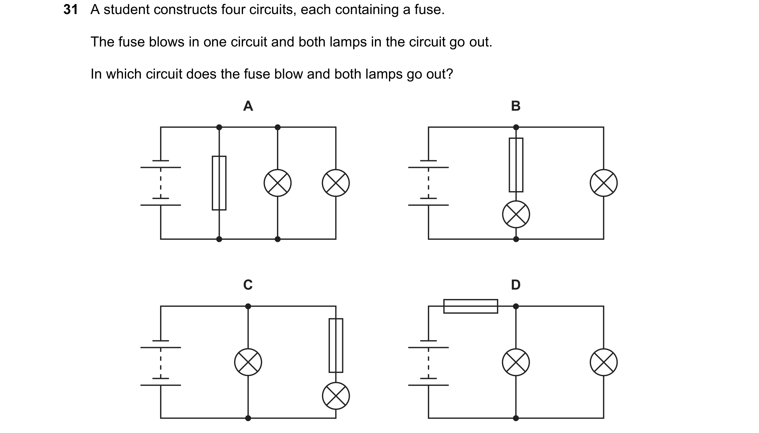 Question 131: A student constructs four circuits, each containing a fuse. The fuse blows in one circuit and both lamps in the circuit go out. In which ci…
