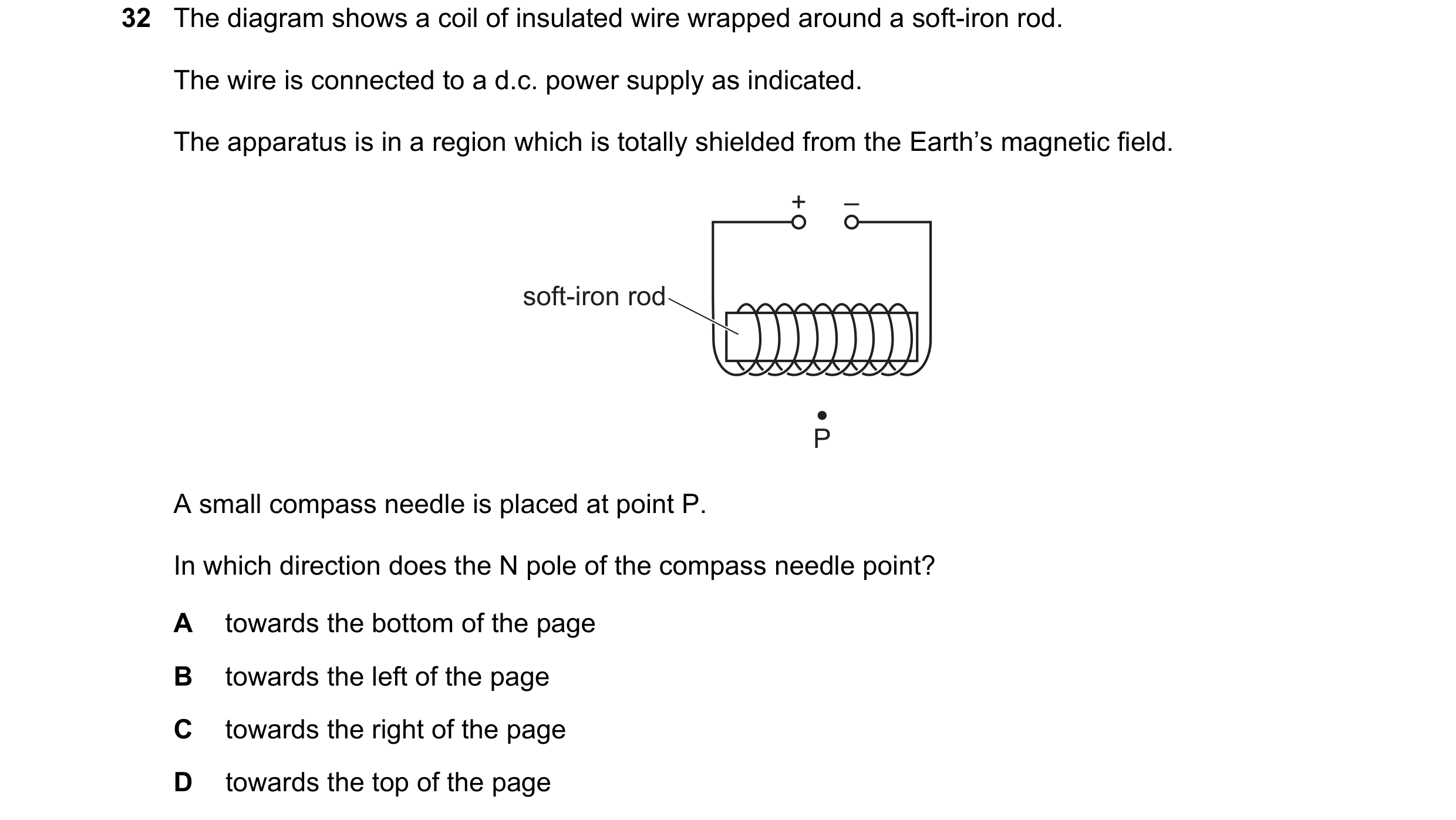 Question 225: The diagram shows a coil of insulated wire wrapped around a soft-iron rod. The wire is connected to a d.c. power supply as indicated. The a…