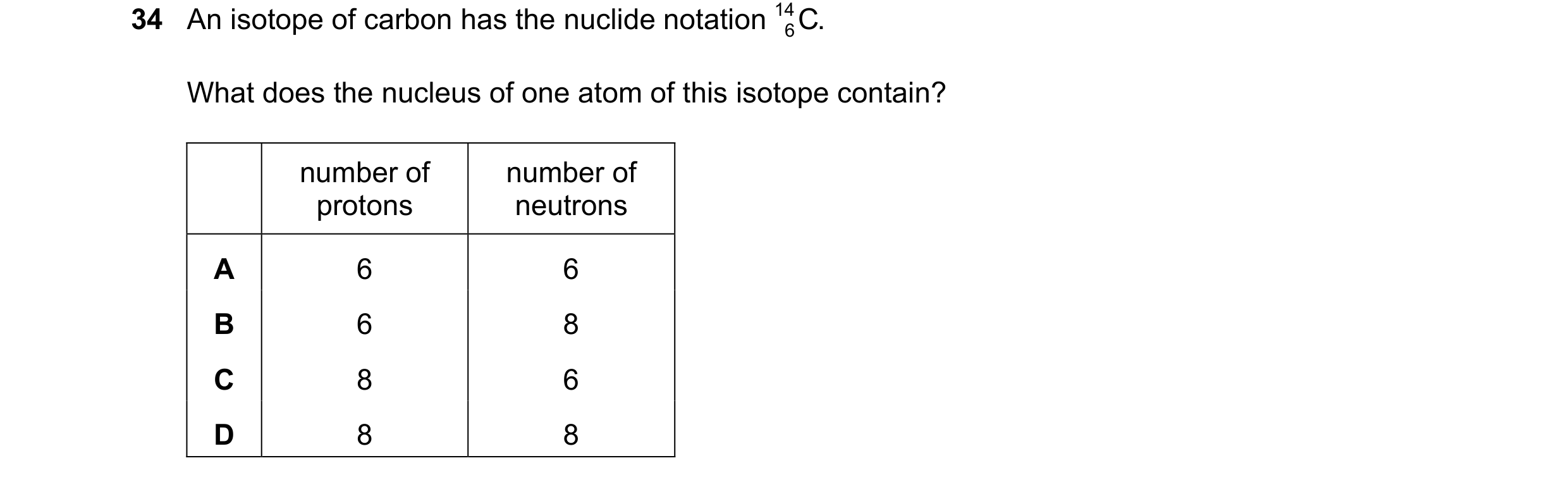 Question 209: An isotope of carbon has the nuclide notation 14 C . 6 What does the nucleus of one atom of this isotope contain? number of number of proto…