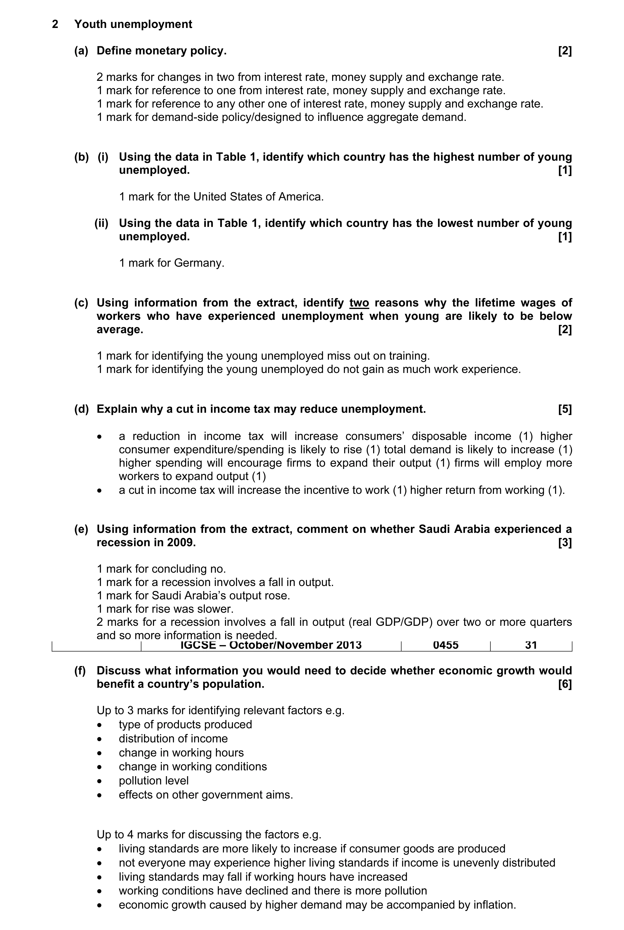 Mark scheme for question 9