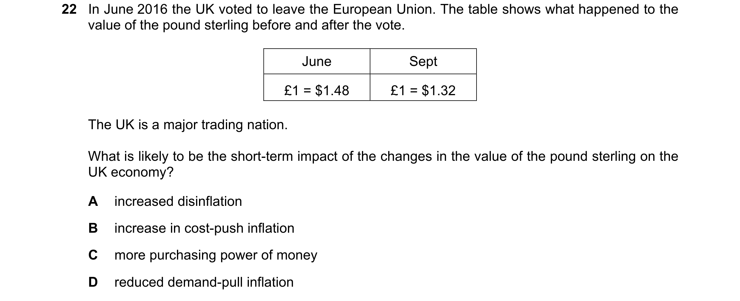 Question 162: In June 2016 the UK voted to leave the European Union. The table shows what happened to the value of the pound sterling before and after th…