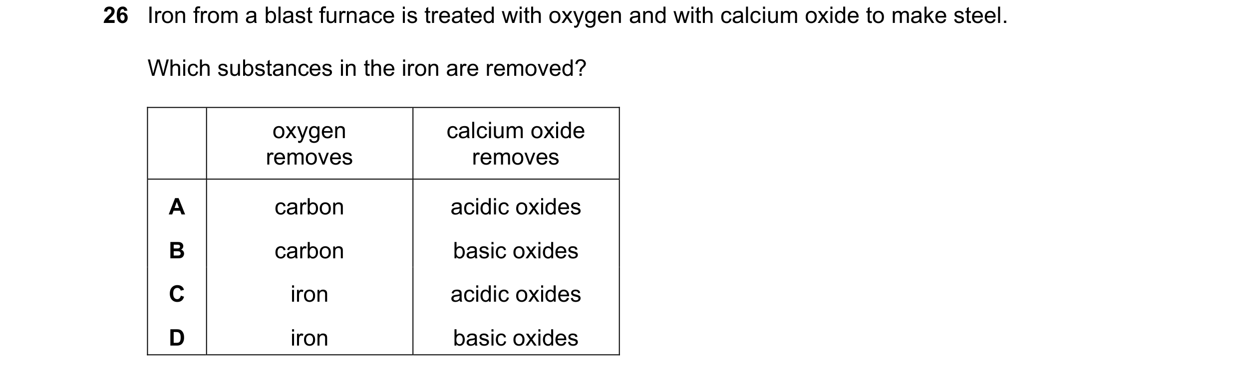 Question 9: Iron from a blast furnace is treated with oxygen and with calcium oxide to make steel. Which substances in the iron are removed? oxygen cal…