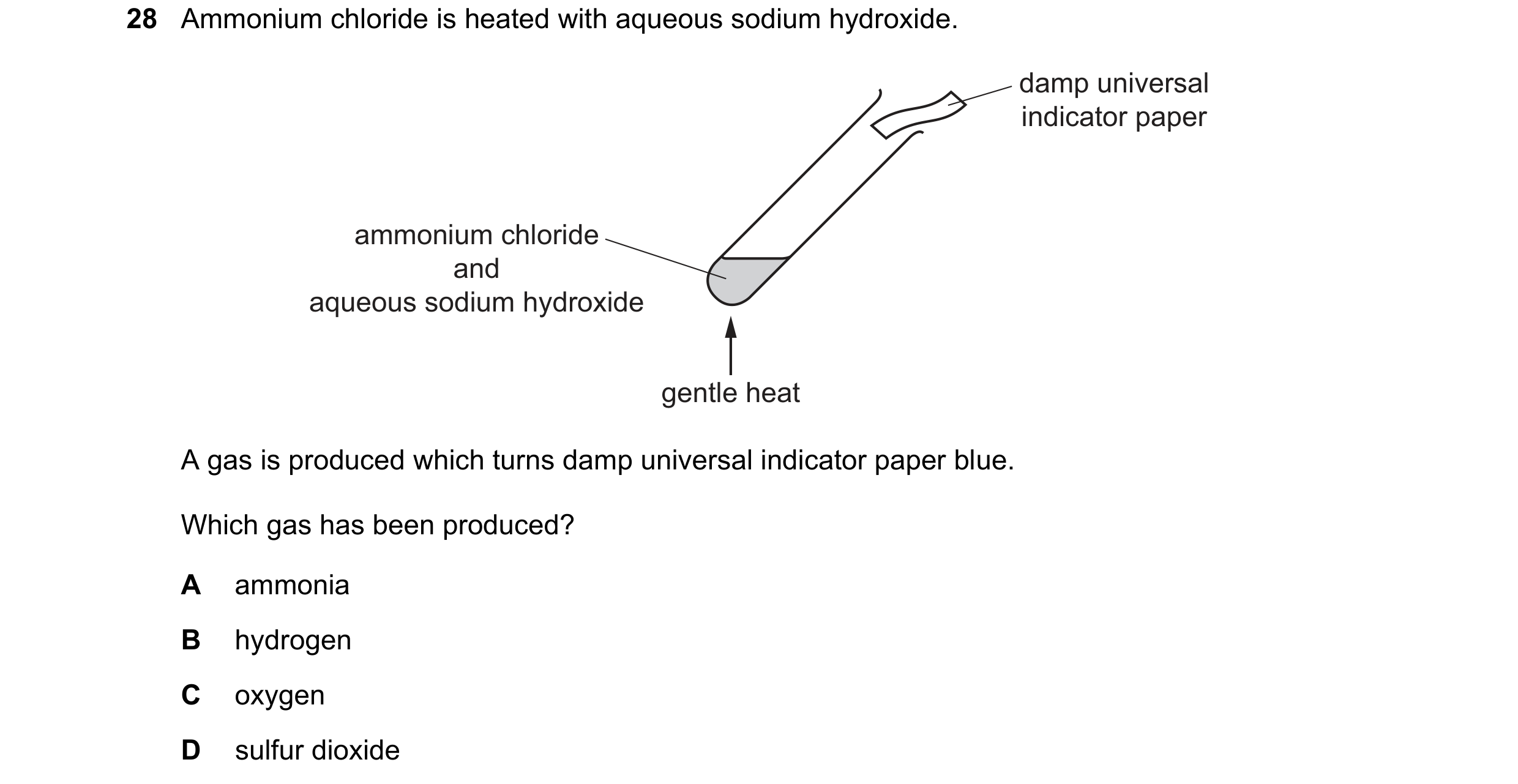 Question 14: Ammonium chloride is heated with aqueous sodium hydroxide. damp universal indicator paper ammonium chloride and aqueous sodium hydroxide ge…