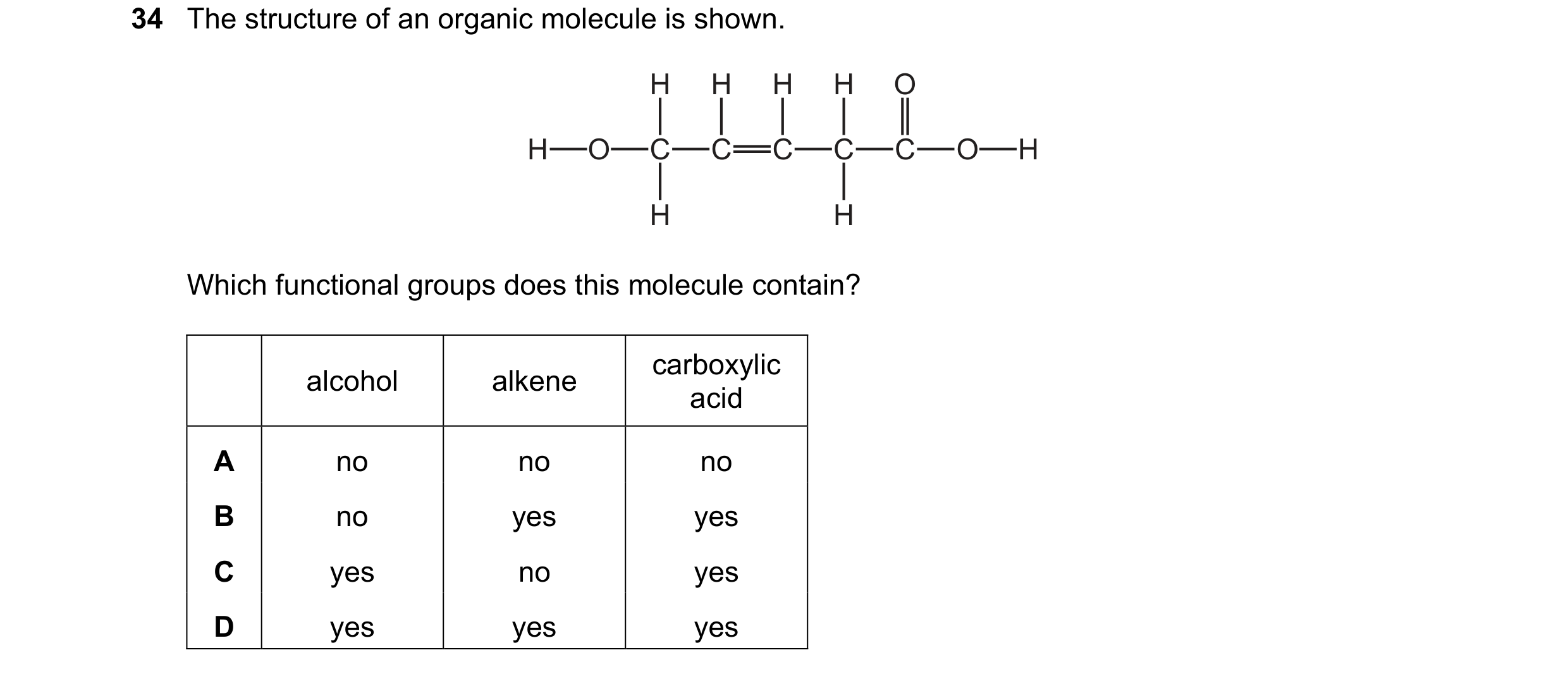 Question 7: The structure of an organic molecule is shown. H H H H O H O C C C C C O H H H Which functional groups does this molecule contain? carboxyl…