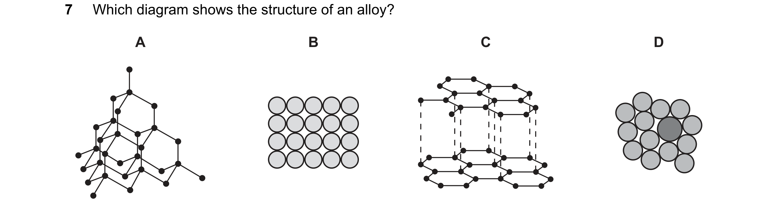 Question 7: Which diagram shows the structure of an alloy? A B C D