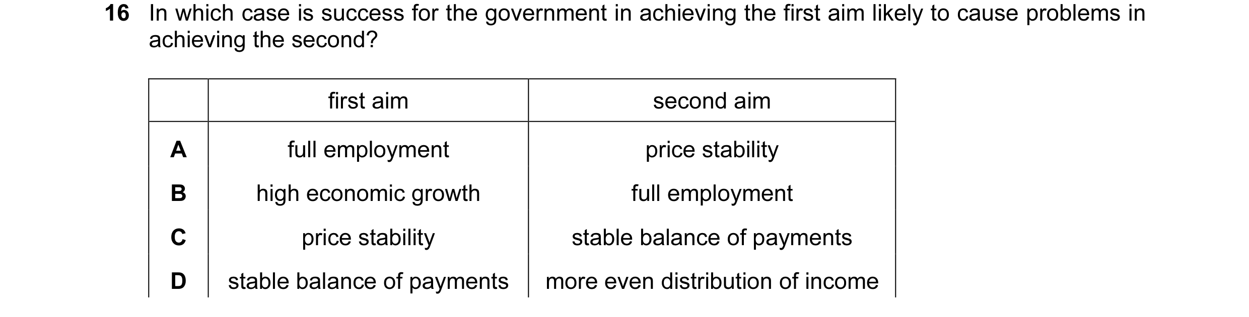 Question 9: In which case is success for the government in achieving the first aim likely to cause problems in achieving the second? first aim second a…