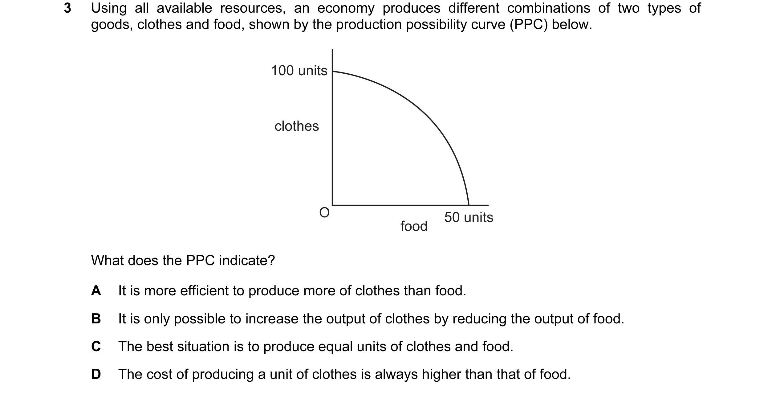 Question 9: Using all available resources, an economy produces different combinations of two types of goods, clothes and food, shown by the production …