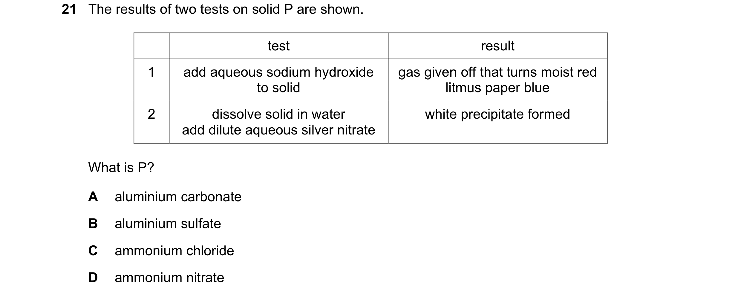 Question 54: The results of two tests on solid P are shown. test result 1 add aqueous sodium hydroxide gas given off that turns moist red to solid litmu…