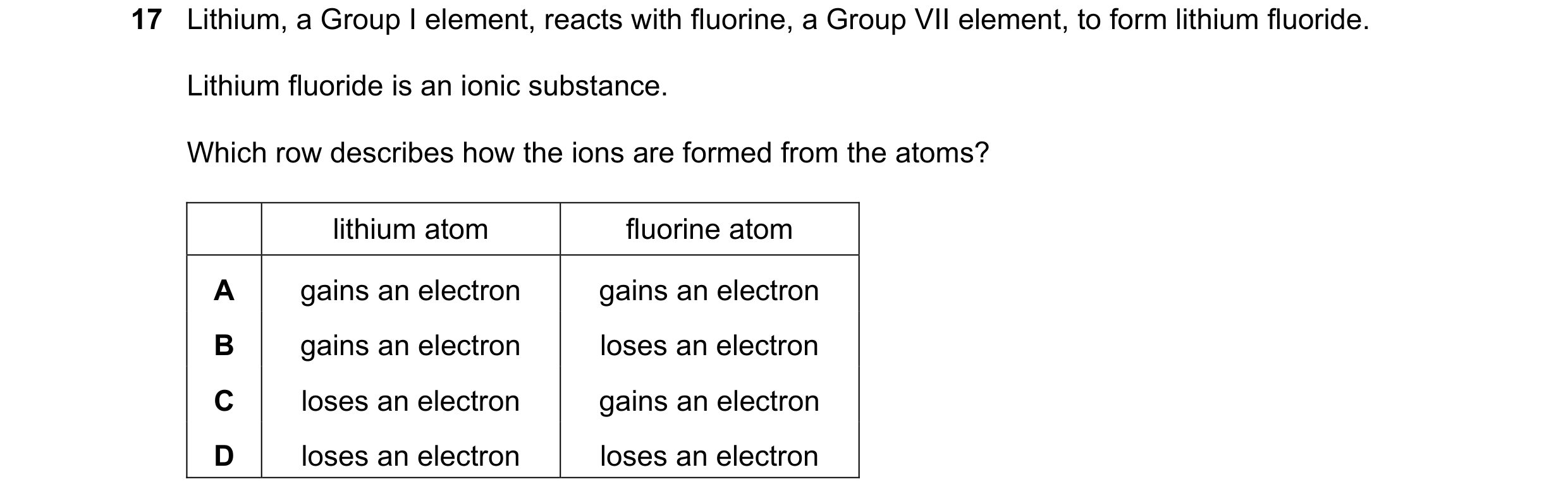 Question 38: Lithium, a Group I element, reacts with fluorine, a Group VII element, to form lithium fluoride. Lithium fluoride is an ionic substance. Wh…