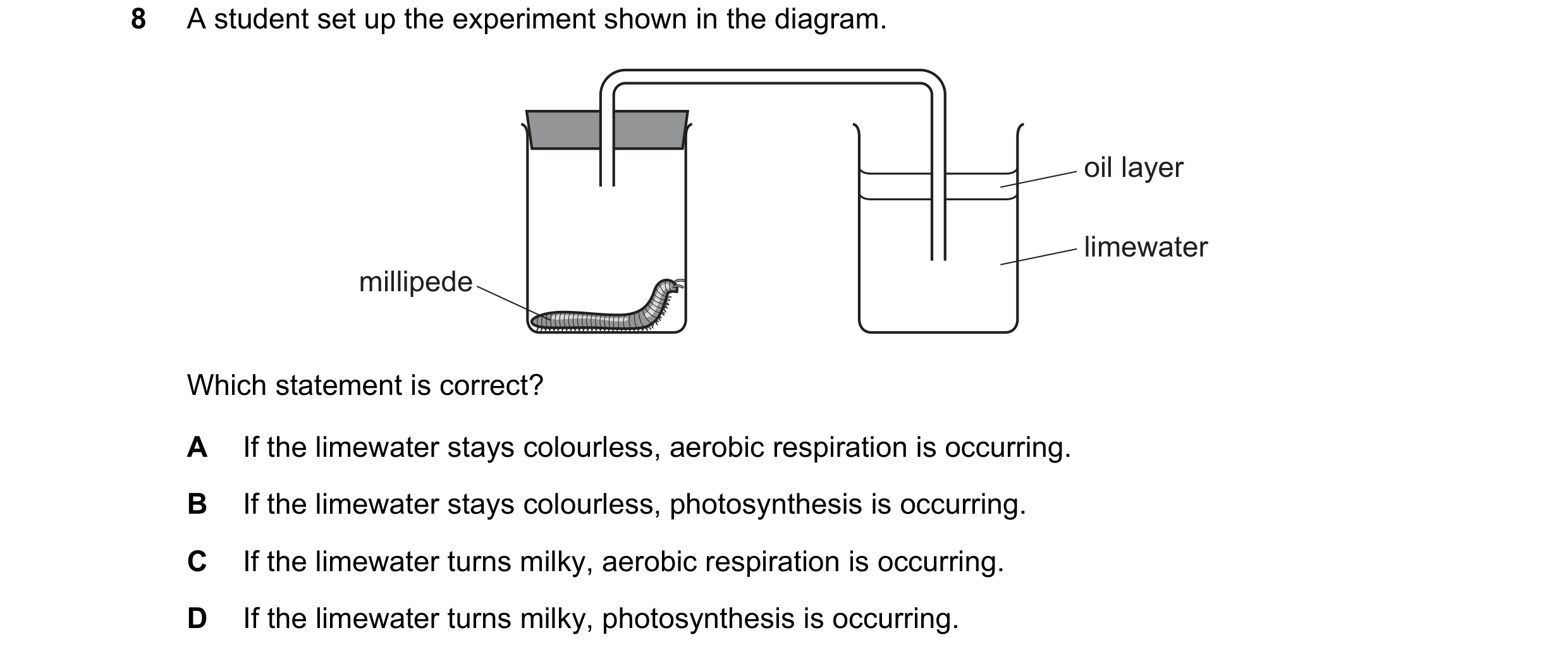 Question 38: A student set up the experiment shown in the diagram. oil layer limewater millipede Which statement is correct? A If the limewater stays co…