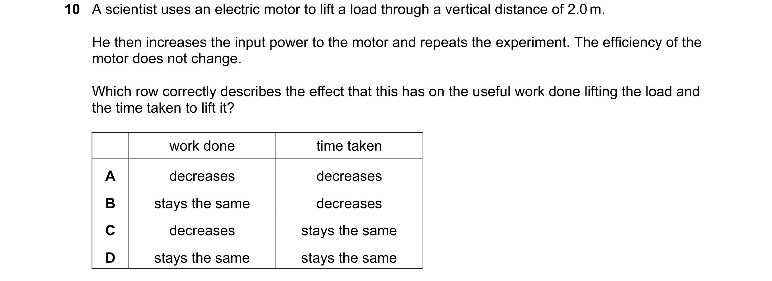 Question 122: A scientist uses an electric motor to lift a load through a vertical distance of 2.0 m. He then increases the input power to the motor and …